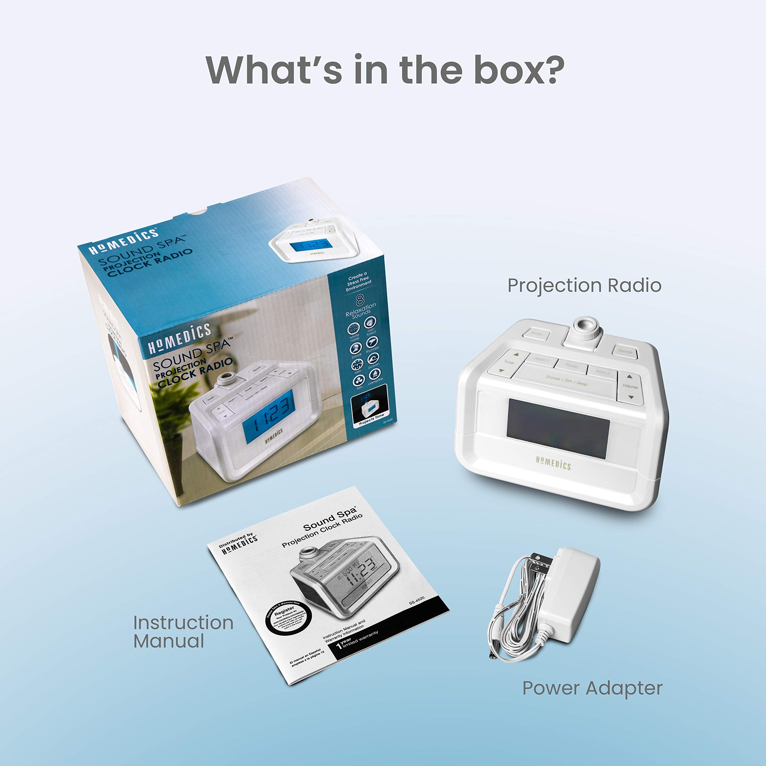 Homedics Dual Alarm Digital FM Clock Radio Time Projection, 8 Relaxing Nature Sounds, LED Display, Multi-Alarm Snooze, Sleep Timer, Nightlight, Ceiling Clock SoundSpa, White