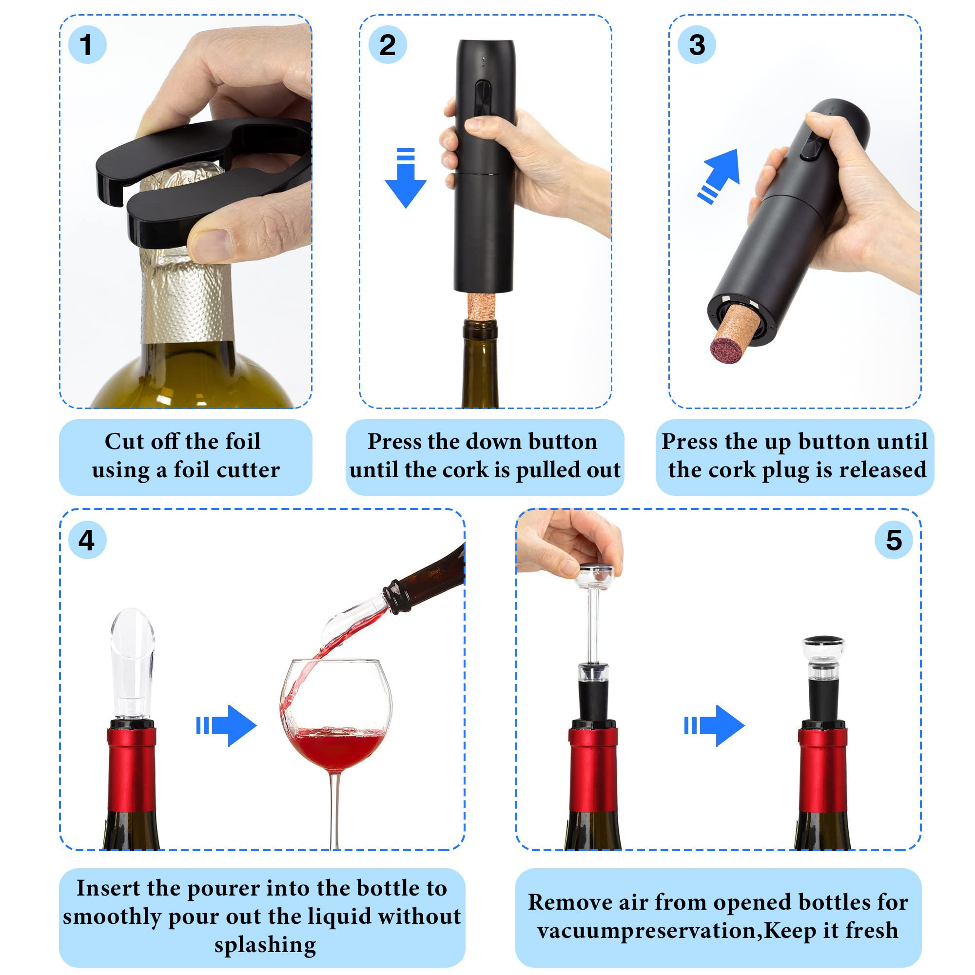 SJJEBSK Electric wine opener set,reusable opener gift set,including foil cutter,vacuum wine stopper,Portable Corkscrew with Pour,Automatic Wine Bottle Opener Set with 5-in-1 charging base,black