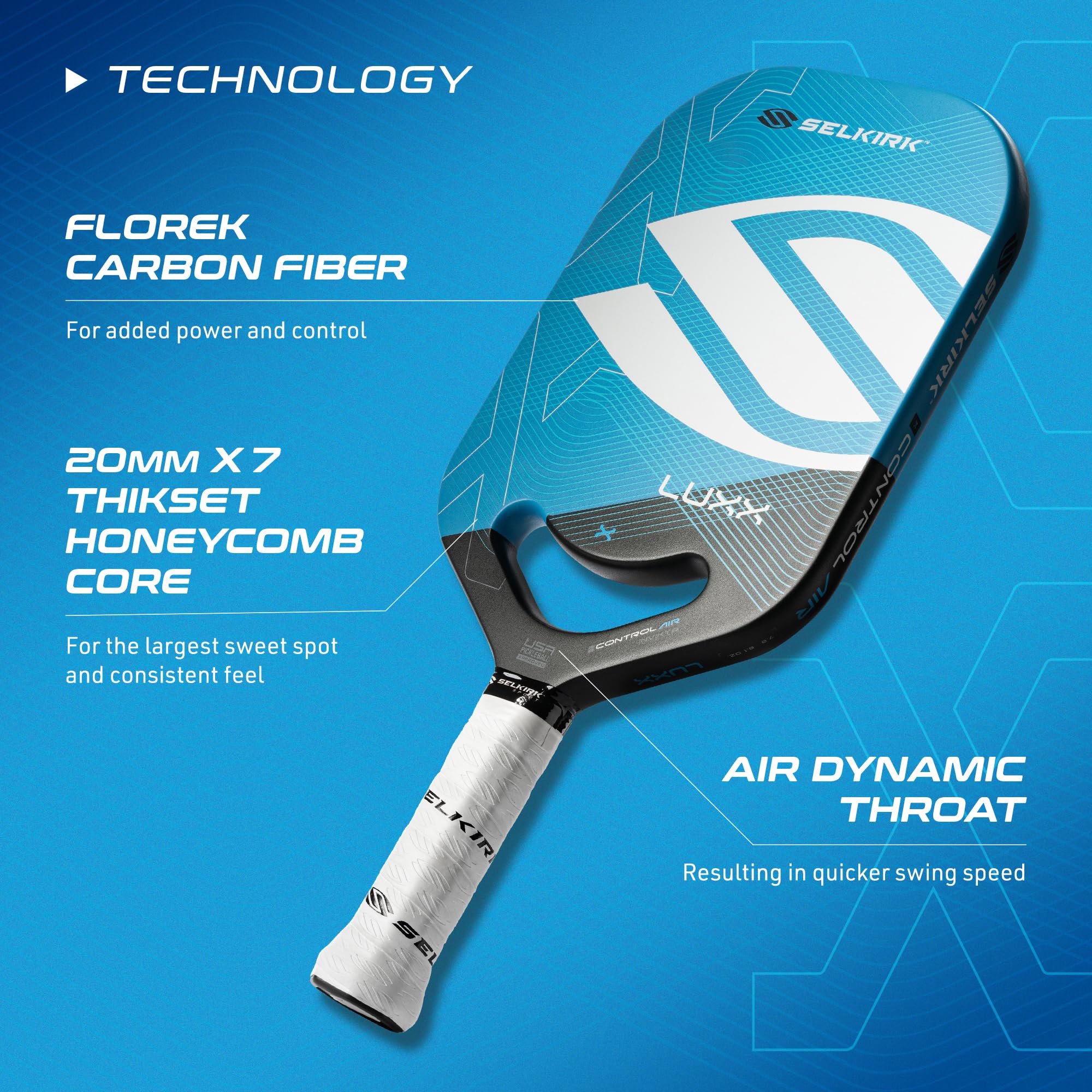 Selkirk LUXX Control Pickleball Paddle | Florek Carbon Fiber Pickleball Paddle with a Polypropylene X7 Core | The Pickle Ball Paddle Designed for Ultimate Power & Control | Invikta Blue