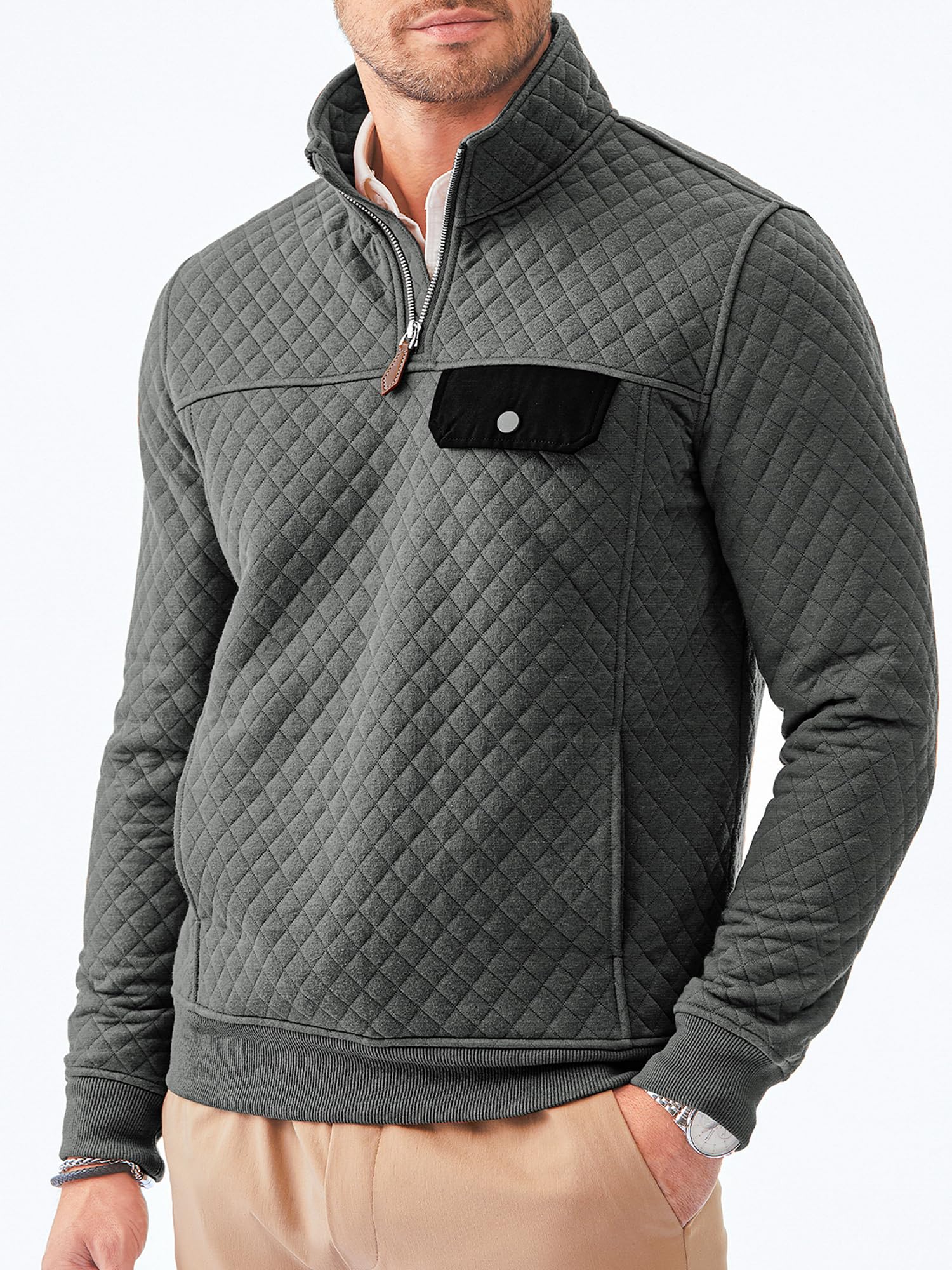 JMIERR Mens Quilted Sweatshirt Casual Long Sleeve Crewneck Quarter-Zip Fashion Pullovers Sweater Jackets with Pockets, S, Dark Grey