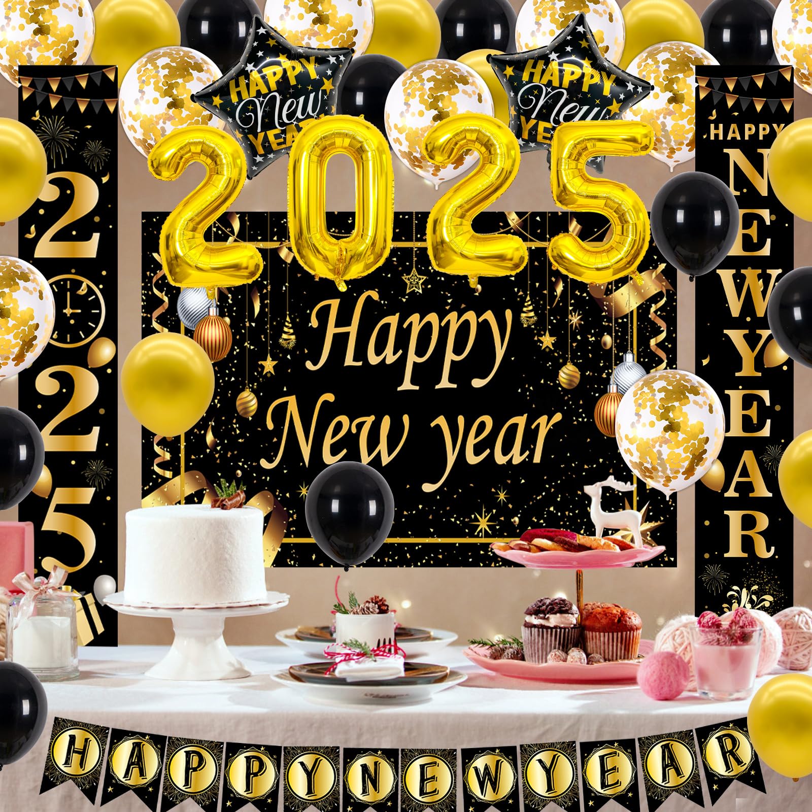 New Years Eve Party Supplies 2025, 40PCS Happy New Year Decorations Black Gold Happy New Years Banner Backdrop New Years Decorations 2025 Number Foil Confetti Balloons Door Banner NYE Decorations 2025