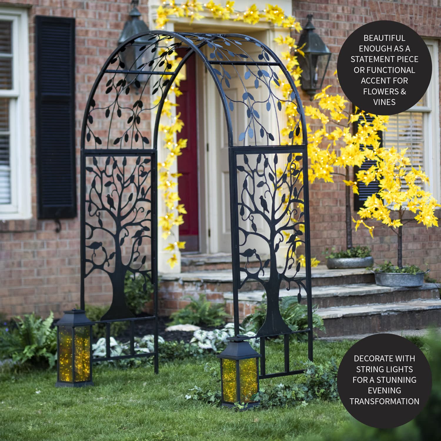 Plow & Hearth Arch Metal Outdoor Garden Arbor | Tree of Life | 7 Feet Tall | Black | Trellis Lattice for Plants | Wedding | Outdoor Patio Décor
