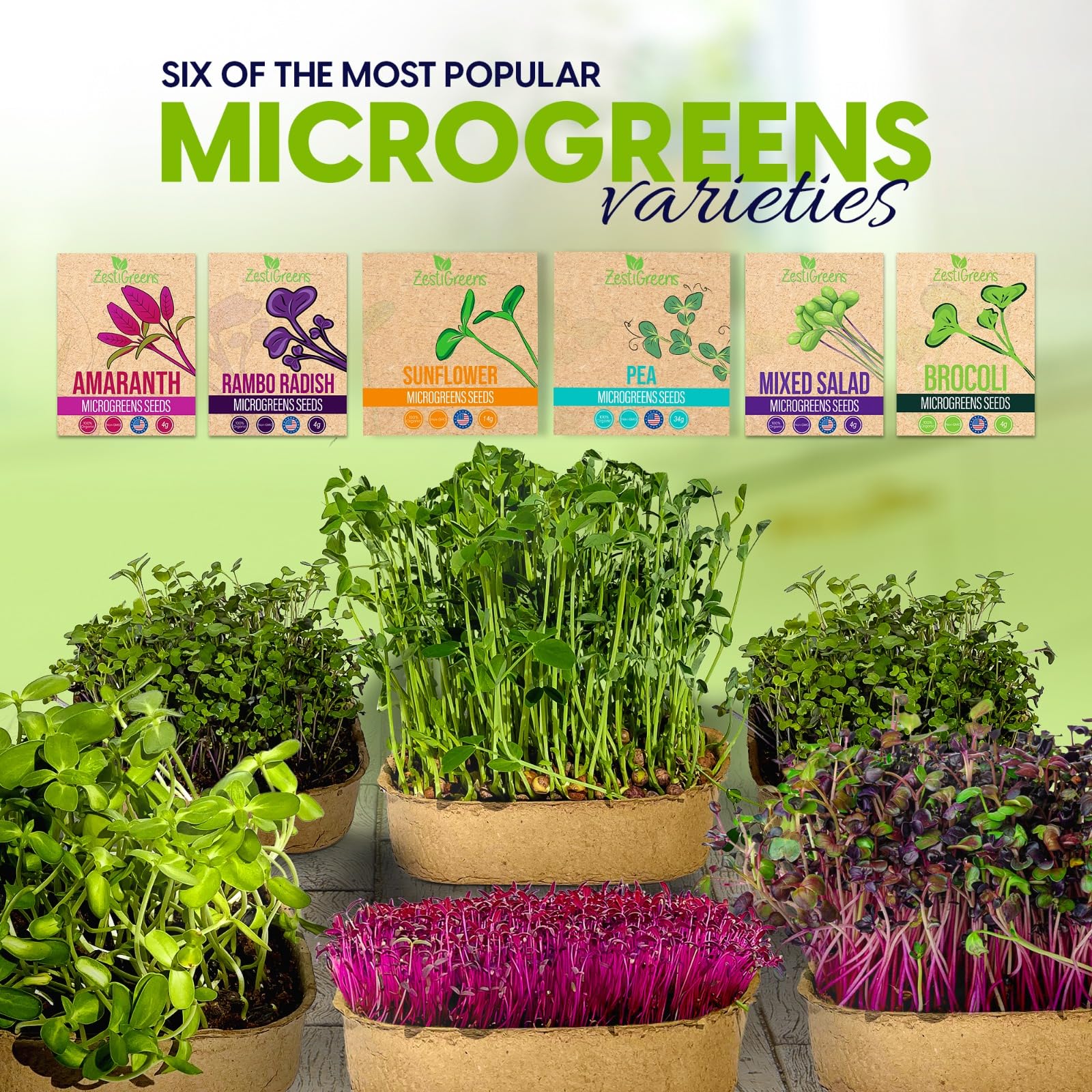 Complete Microgreens Growing Kit with 6 of The Most Popular Seed Varietes to Grow Nutritious Microgreens at Home.