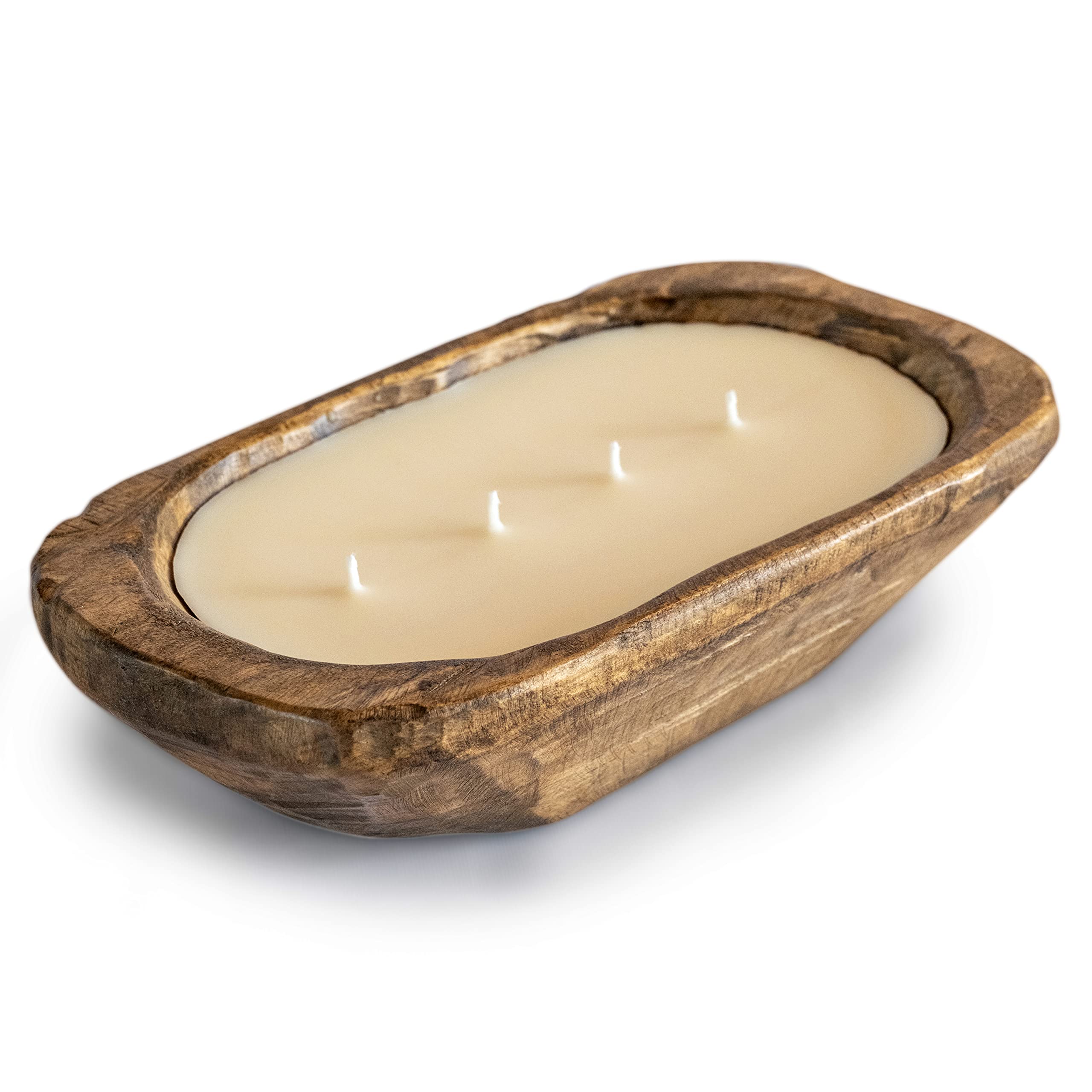 Wooden Dough Bowl Candle 10 Inch, Soy Candle, Farmhouse Candles for Table, Wood Boat 4 Wick, Décor, Unscented