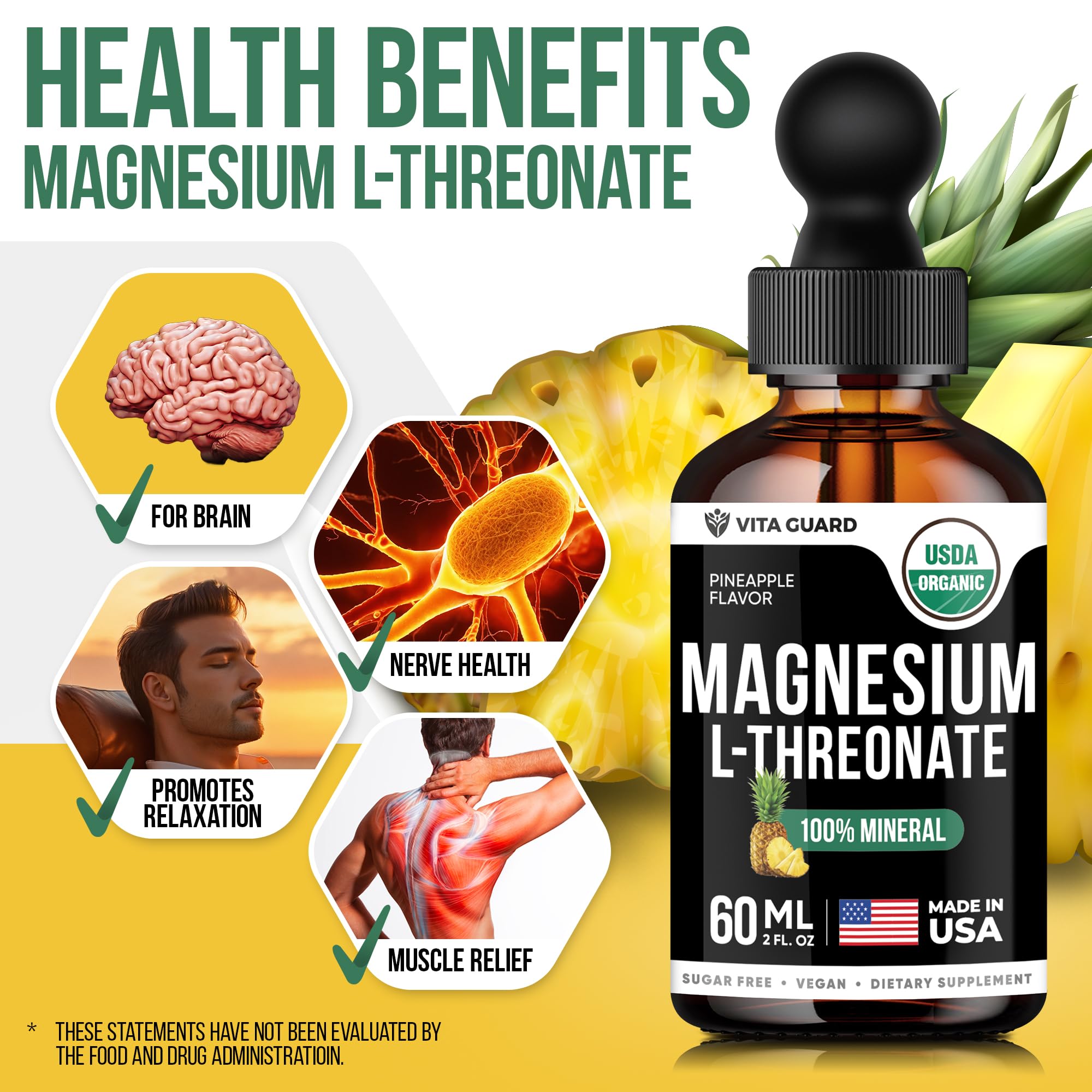 Vita Guard Magnesium L-Threonate Liquid Drops - 500mg Vegan Formula for Brain Health, Pineapple Flavor, 60ML (2 fl oz) | Gluten-Free, Non-GMO