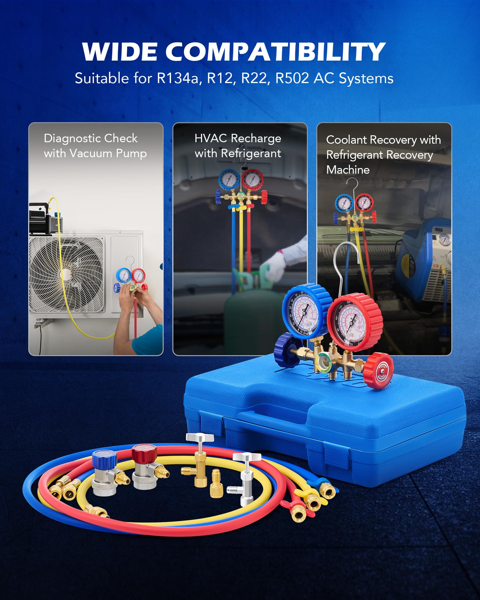 Orion Motor Tech AC Gauges, AC Manifold Gauge Set for R134a R12 R502 Refrigerant, 3 Way Car with 5FT Hoses Couplers & Adapter, Puncturing & Self Sealing Can Tap Freon Charge Kit