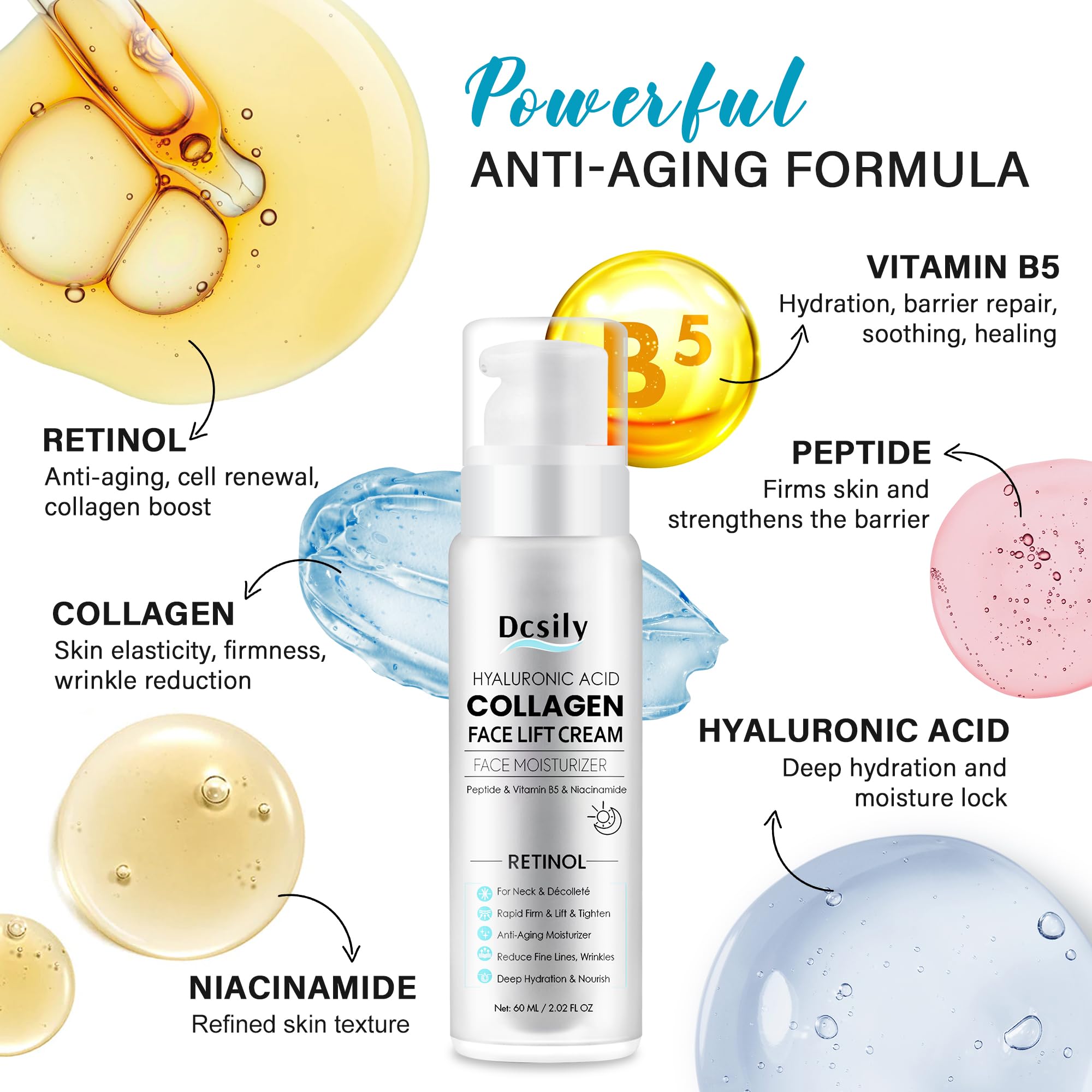 Skin Tighten And Lift Neck Cream: Face Lift Cream 6-in-1 Anti-Aging Moisturizer for Anti Wrinkle - Hydrating Neck Firming Cream with Retinol, Collagen, Peptide, Hyaluronic Acid for Neck & Décolleté