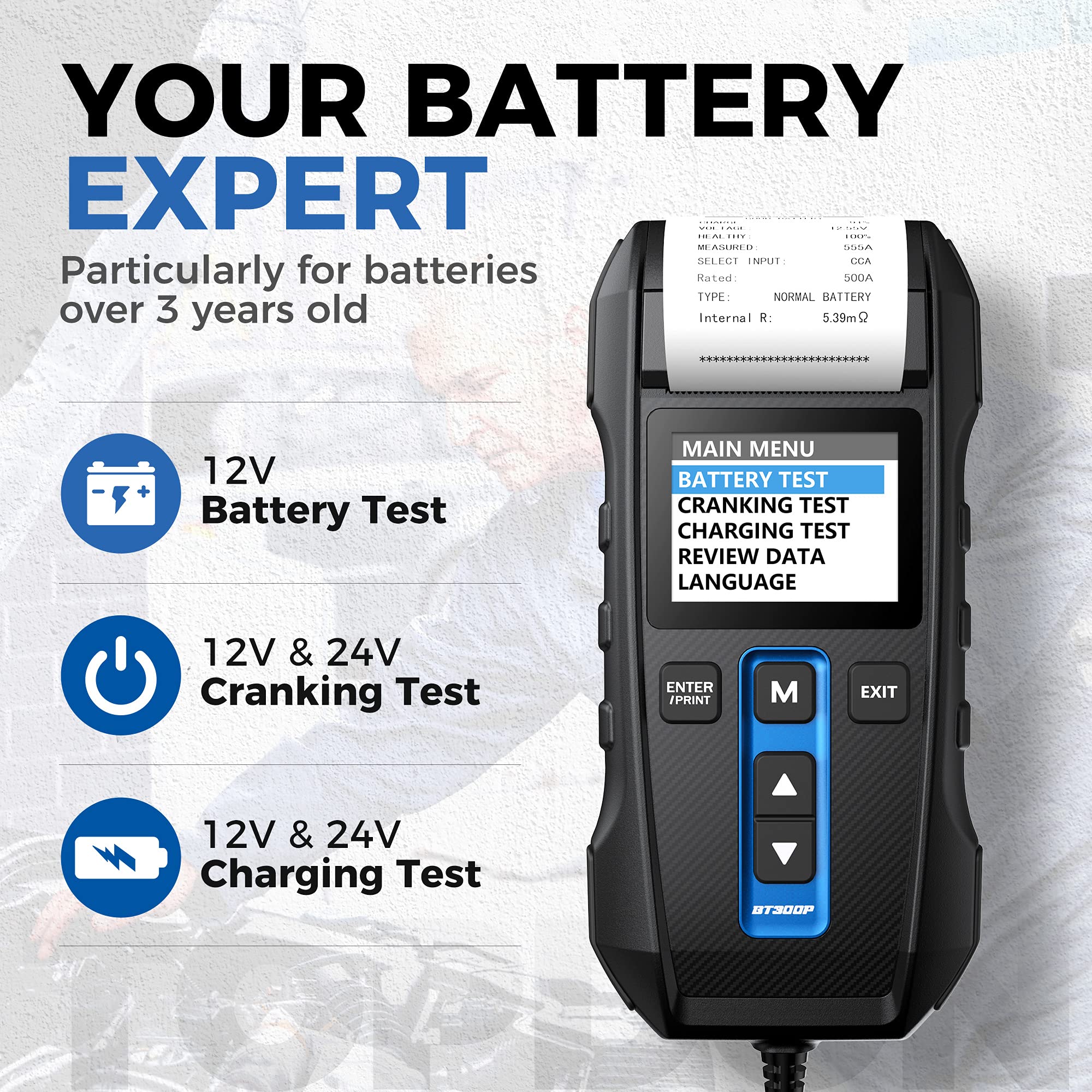 Car Battery Tester 12V 24V 100-2000CCA Lead-Acid Battery, TOPDON BT300P Alternator Tester, Load Tester, with Built-in Printer, Spark Free Metal Clamps, Automatic Reverse Polarity Protection