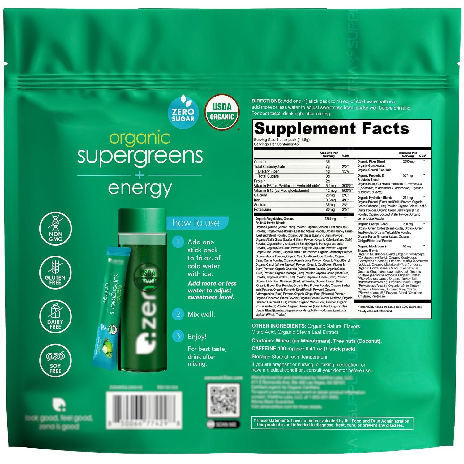 Zena_Supergreens Organic Energy Drink Powder (45 Count.) Green Apple Flavor – Zero Sugar, 70+ Superfoods, Gut Friendly, Fiber Rich, Vegan Caffeine Supplement