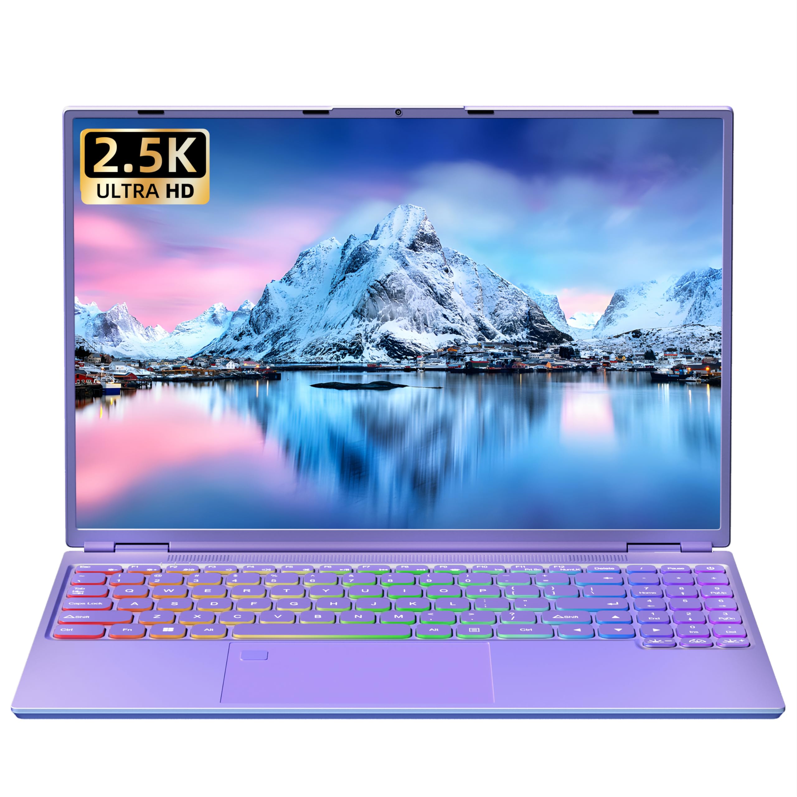 【Win 11 Pro/Office 2019】 16" Laptop Ultra-Narrow bezels 2.5K FHD(2560x1600) IPS Screen, Celeron N5095,16G RAM, 256GB SSD, Color Backlit KB, Fingerprint Reader, WiFi, Type-C, HDMI(16G+256GB, Purple)