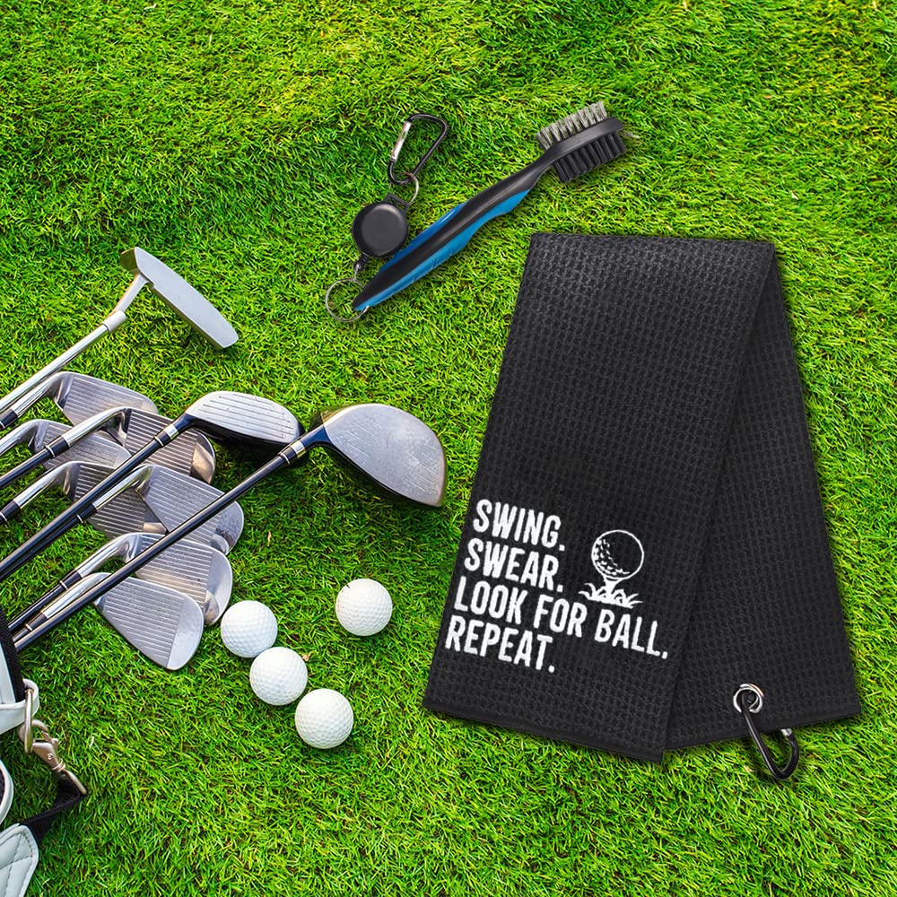 GEYGIE Swing Swear Look for Ball Embroidered Golf Towels with Clip and Golf Brush with Retractable Extension Cord, Funny Golf Towel Gifts and Golf Accessories Set for Men Women Golfers Golf Fan