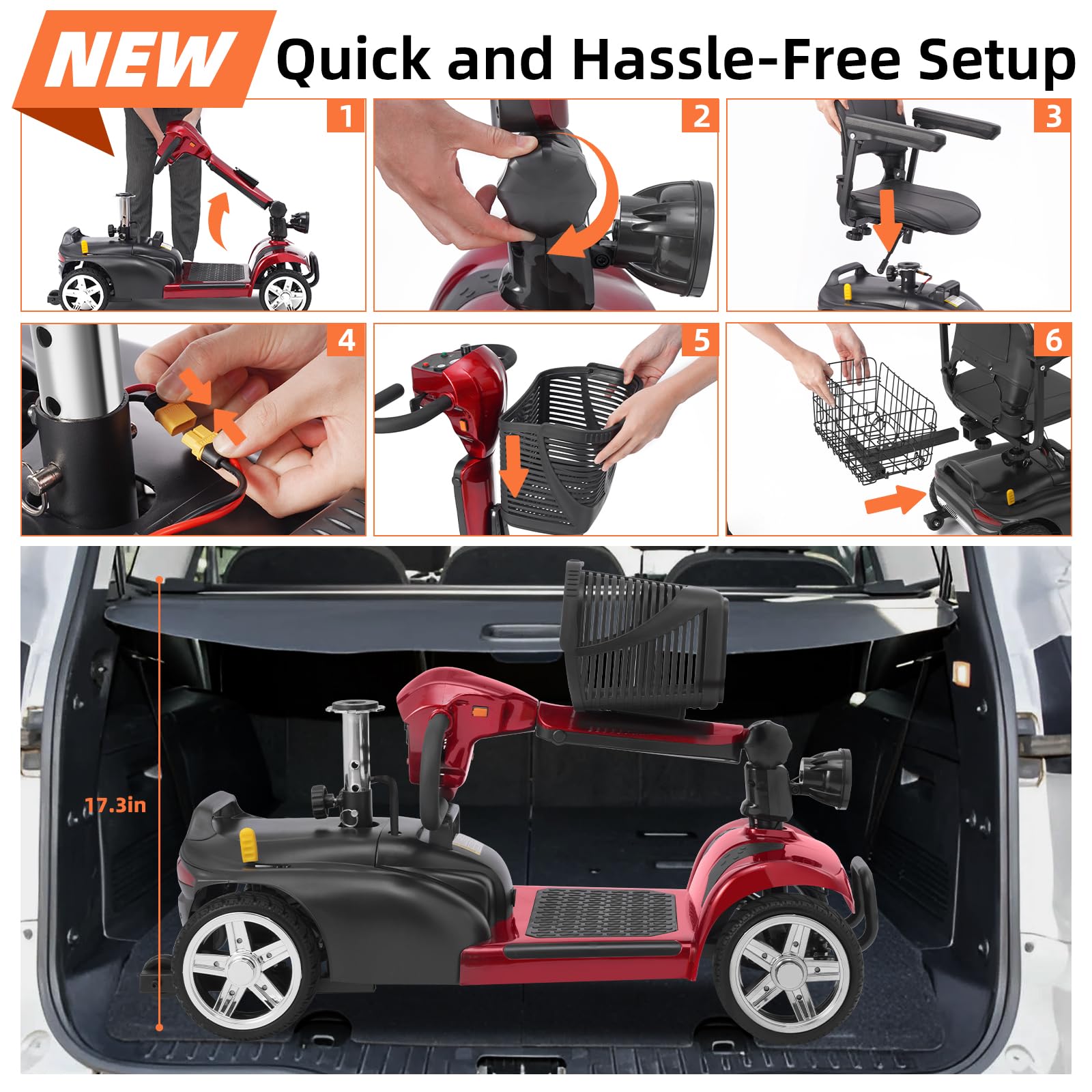 20 Miles 4 Wheels Mobility Scooter for Seniors/Adults Up to 300LBS,350W Electric Wheelchair Detachable Lithium Battery,Dual Baskets,Rotating Seat,with Taillight, USB Charging, Red 18AH