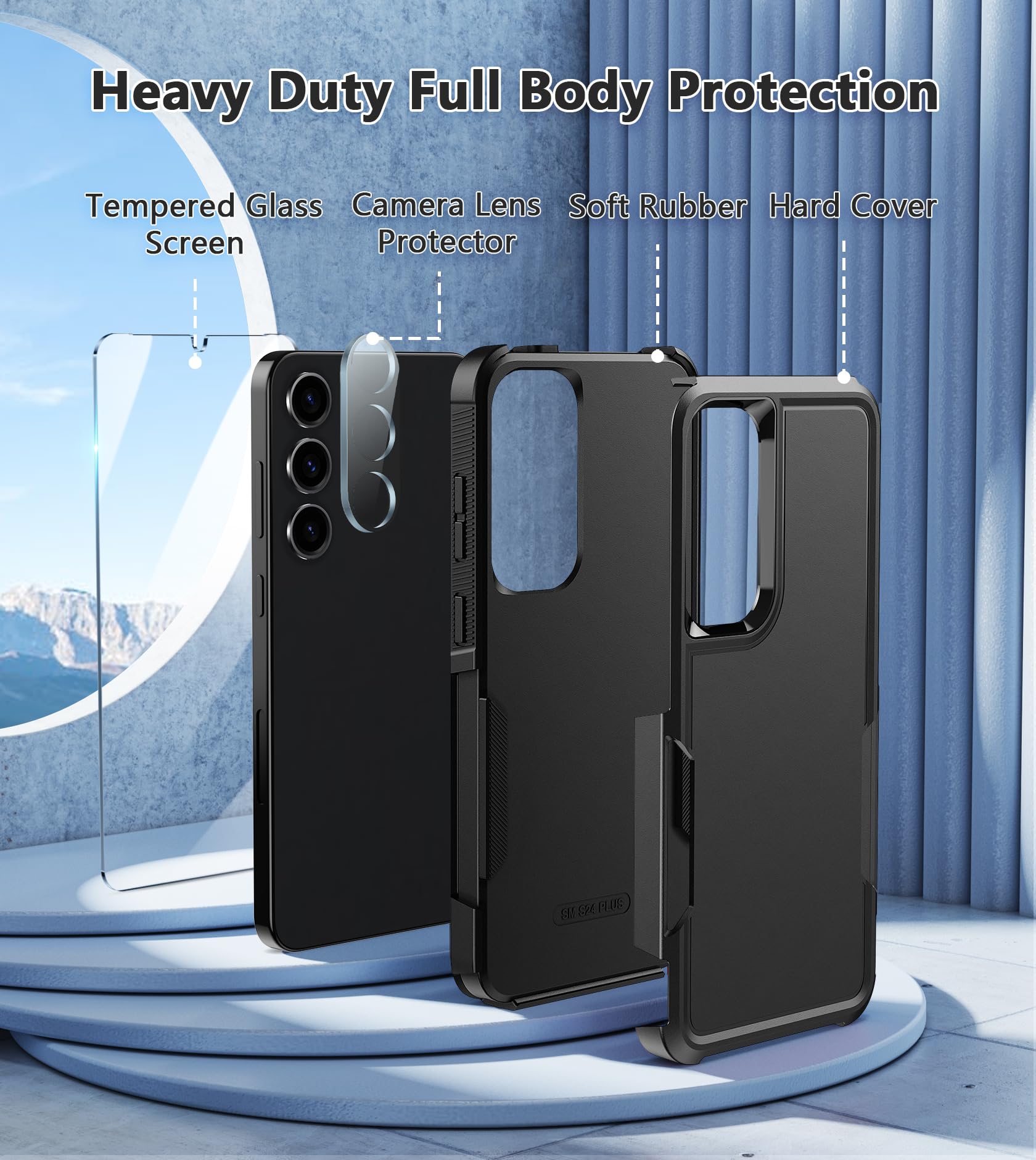 FNTCASE for Samsung Galaxy S24-Plus Case: Protective Phone Cover Dual Layer Military Grade Drop Proof | Rugged Shockproof Heavy Duty Protection Tough Durable Full Body Case Black