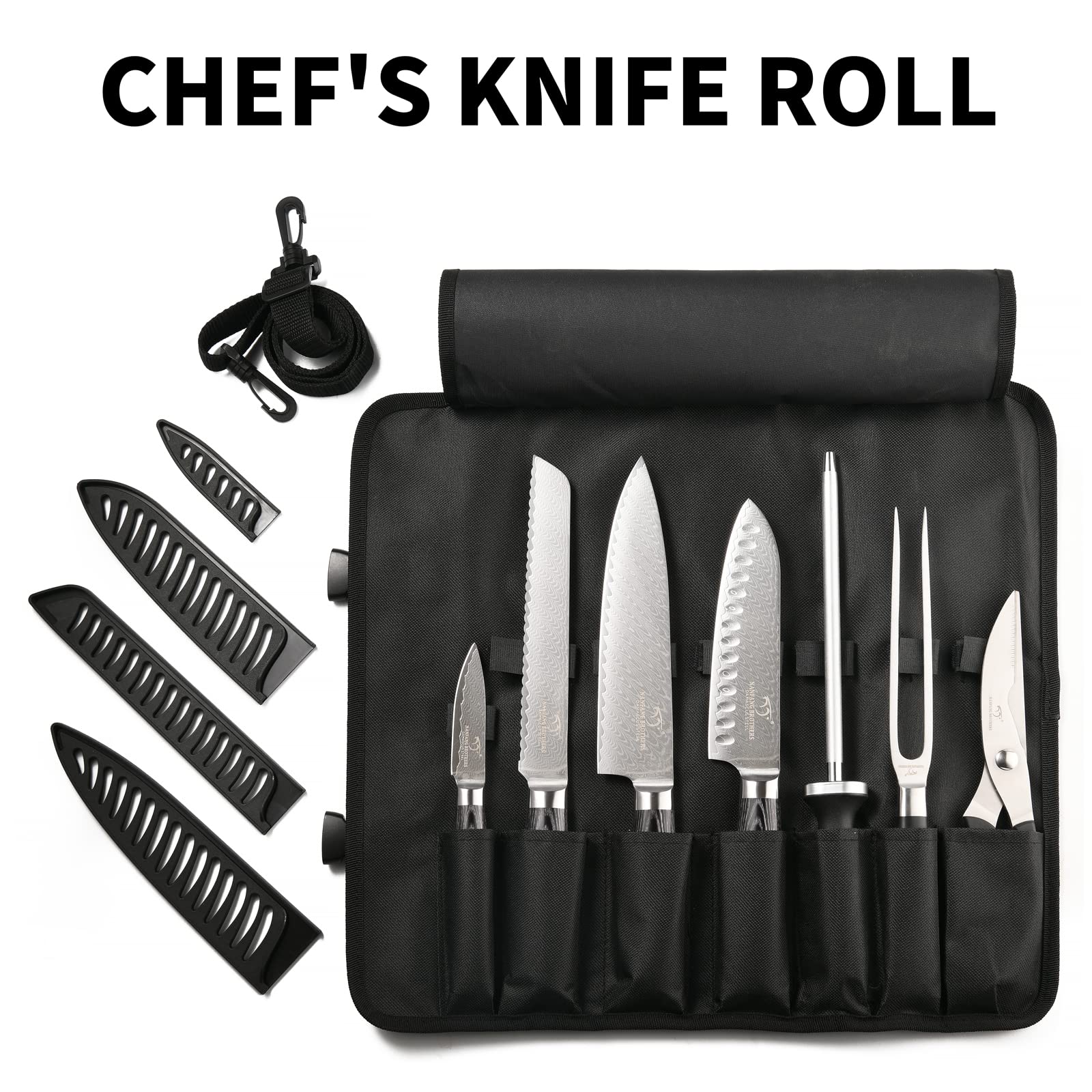 NANFANG BROTHERS Chef Knife Set with Bag, 8 Pieces Damascus Steel Chef Knives with Portable Knife Roll Storage Bag, Blade Guards, Carving Fork, Sharpener and Kitchen Shears for Outdoor Camping Travel