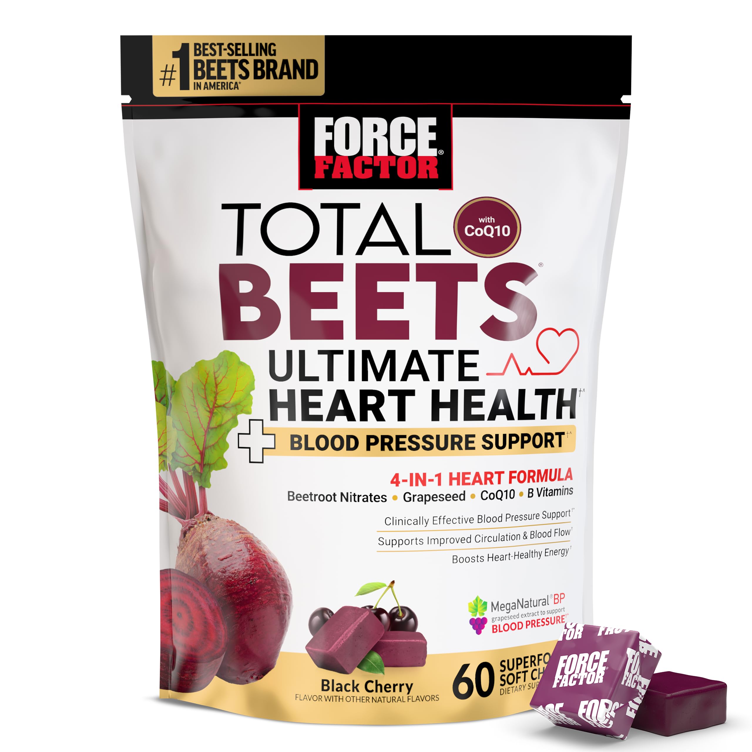 FORCE FACTOR Total Beets Ultimate Heart Health Chews for Blood Pressure Support, with Beetroot Powder, CoQ10, B Vitamins & Grapeseed Extract for Blood Flow & Energy, Black Cherry, 60 Soft Chews