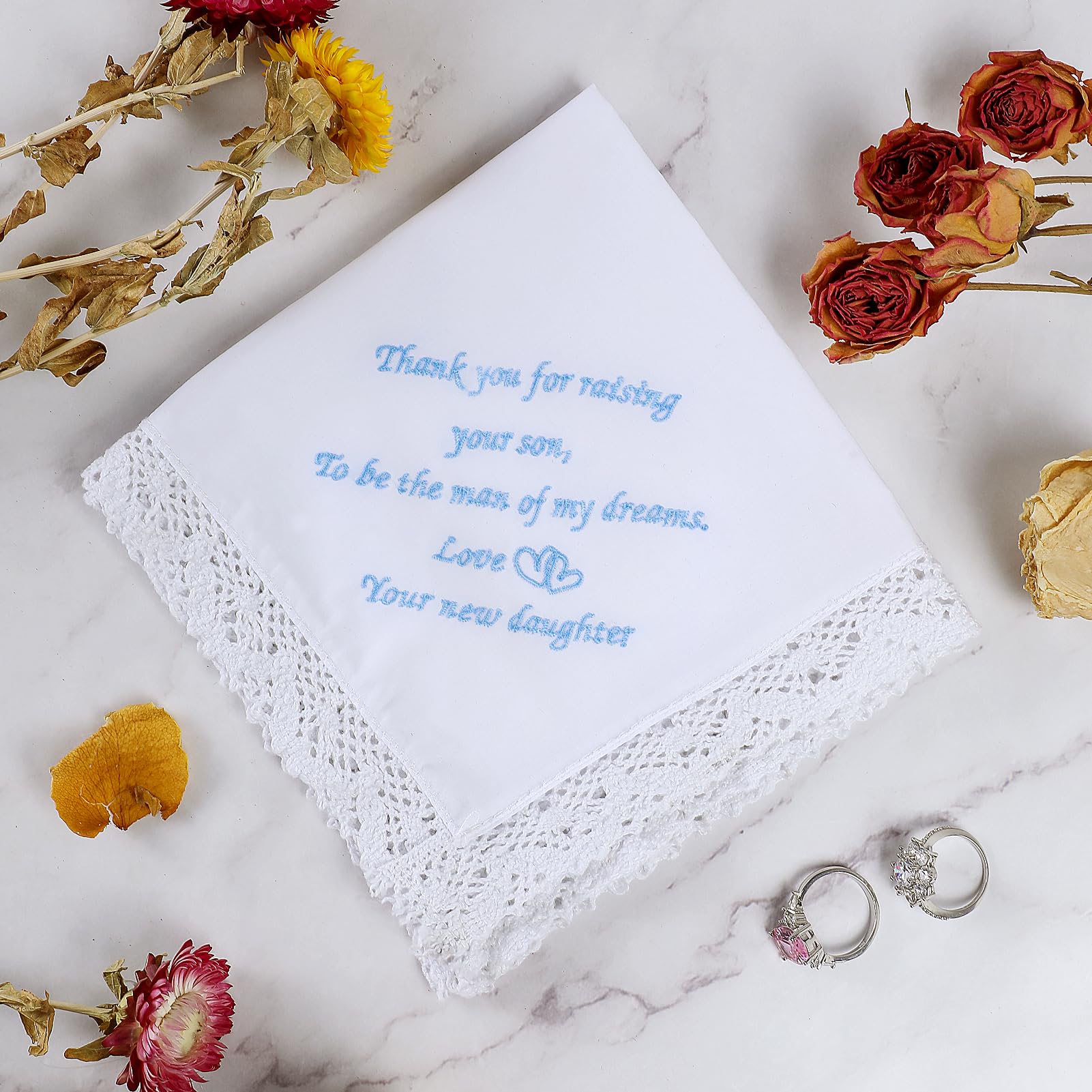 PACGOTH Wedding Handkerchiefs Something Blue for Bride, Mother Of The Bride Gifts Embroidered White Lace Handkerchiefs (Parents of Groom)