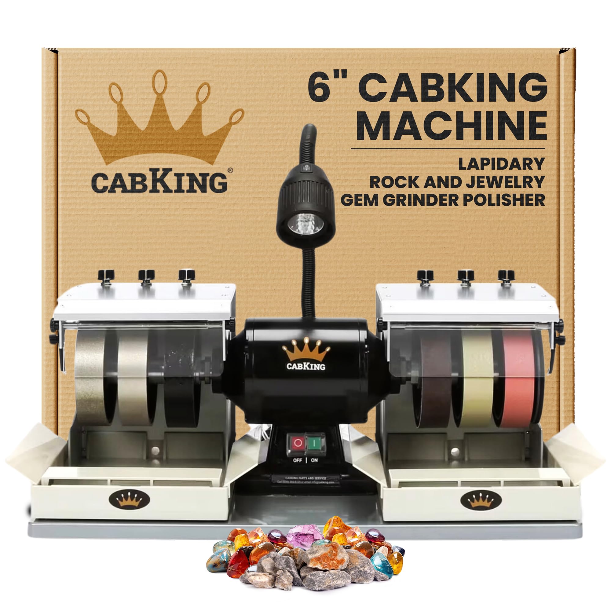 CabKing Cabbing Machine Lapidary Equipment - Gem Stone Grinder Jewelry Rock Polisher - Includes Diamond Wheels, LED Lamp, Water System, & Accessories - 6" Grinder Polishing Machine - Model CABKING-6V3