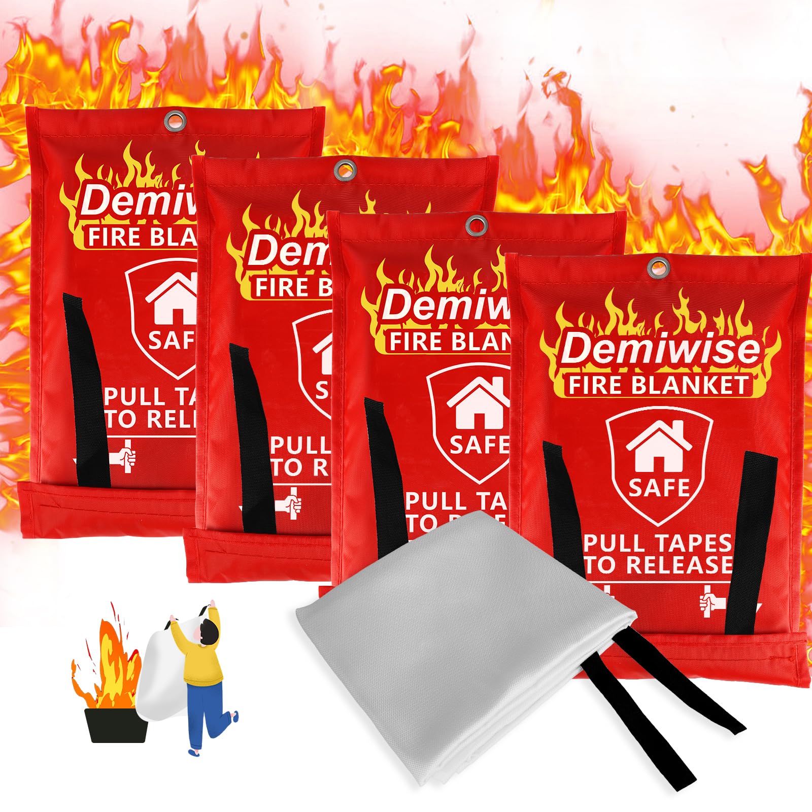 Demiwise 4-Pack Emergency Blankets - Thickened Fire Blanket Fire Suppression Blanket - Fire Blankets Emergency for People - Fire Safety Blanket with Emergency Whistles - Fireblanket for Kitchen, Home