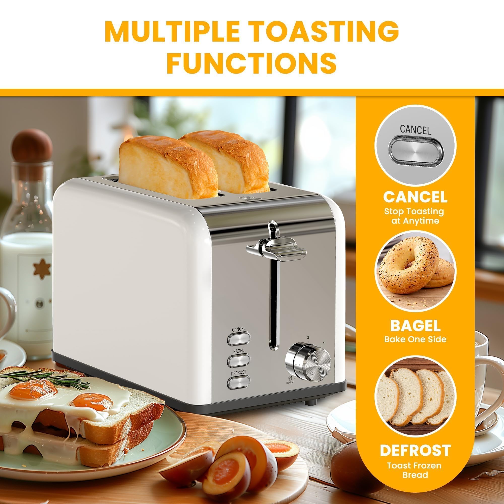 Simple Deluxe 2-Slice Toaster, Stainless Steel Construction with 6 Browning Levels & 3 Cooking Functions, Extra Wide Slots & Removable Crumb Tray for Easy Cleaning, White