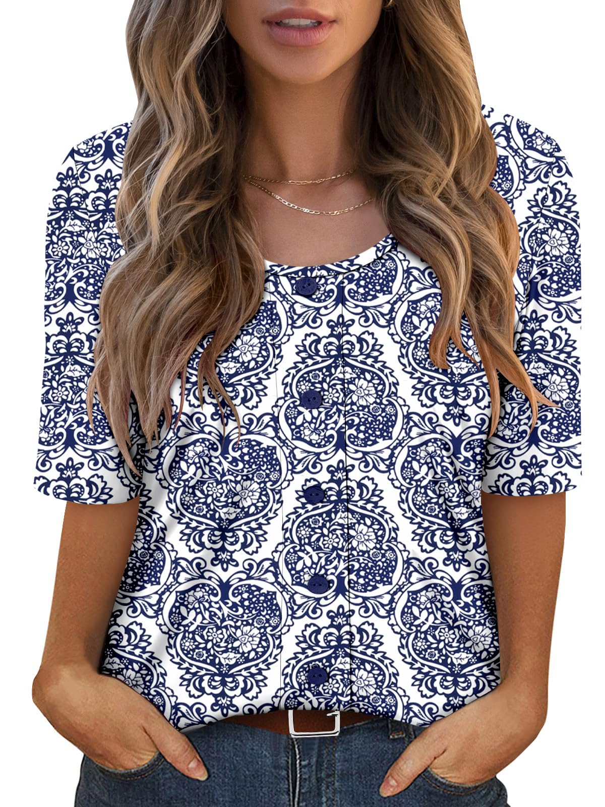 ONLYSHE Womens Summer Blue Printed Tops Short Sleeve Blouse Loose Casual Shirts Cute Tunic L