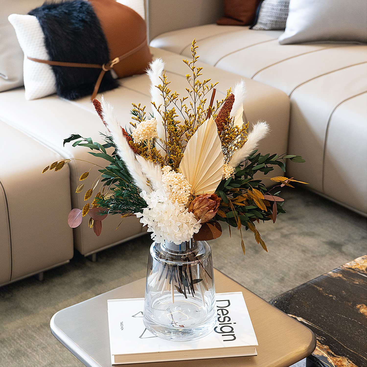 Natural Dried Flower Bouquet - Pampas Grass Decor, Fall Flower Arrangements with Eucalyptus, Palm, Preserved Plants, Rustic Western Floral for Table Centerpiece, Bohemia Home Wedding Decoration