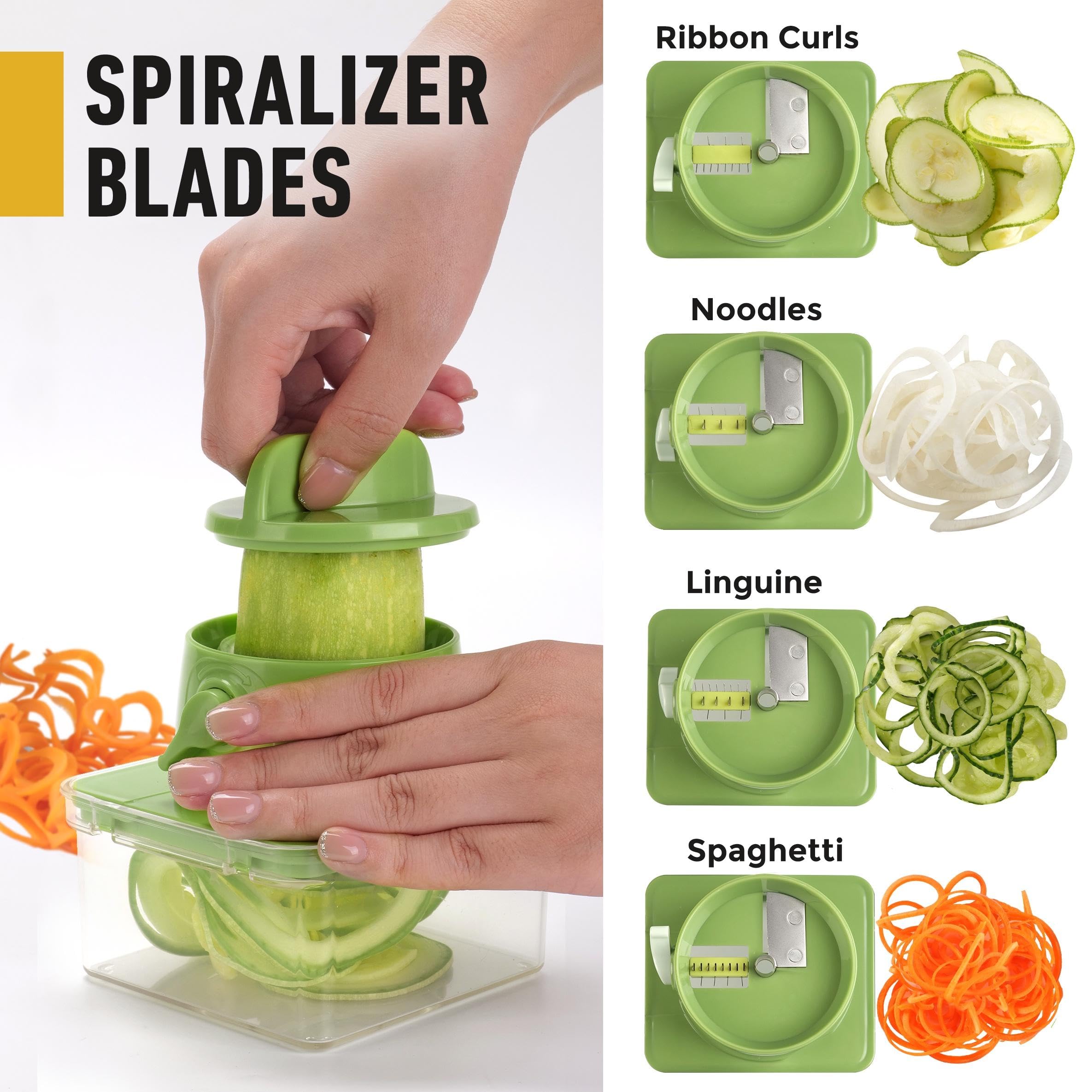 Mueller Pro-Series All-in-One, 12 Blade Mandoline Slicer for Kitchen, Food Chopper, Cucumber Slicer and Spiralizer, Cutter, Dicer, Grater, Gifts for Mom, Kitchen Essentials, White Sand/Green