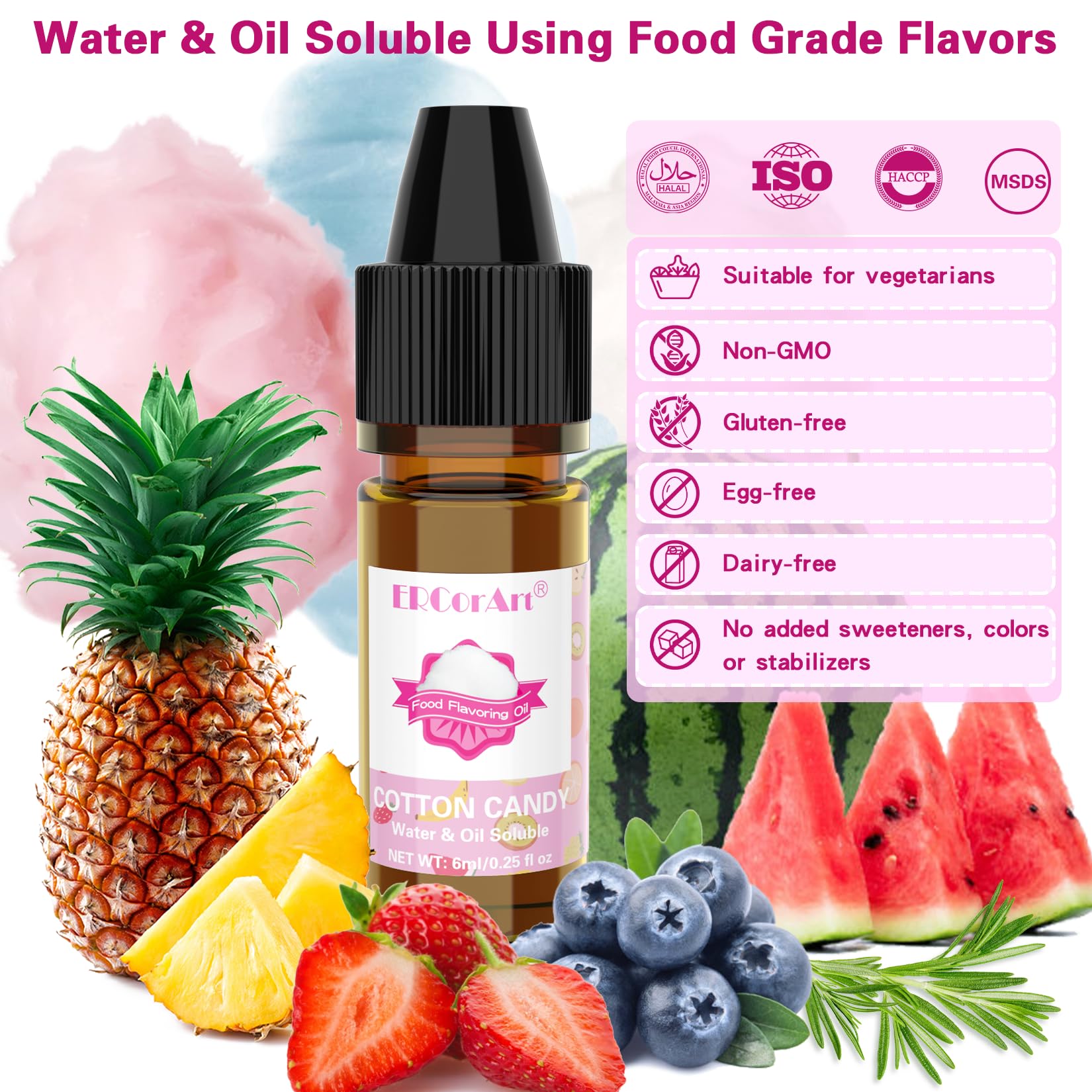 Food Flavoring Oil - Concentrated Candy Flavors, 6 Liquid Lip Gloss Flavoring Oil, Cotton Candy Pineapple Flavor Oil for Baking, Cooking, Slime Making, Drinks, Water & Oil Soluble - 0.25 Fl Oz