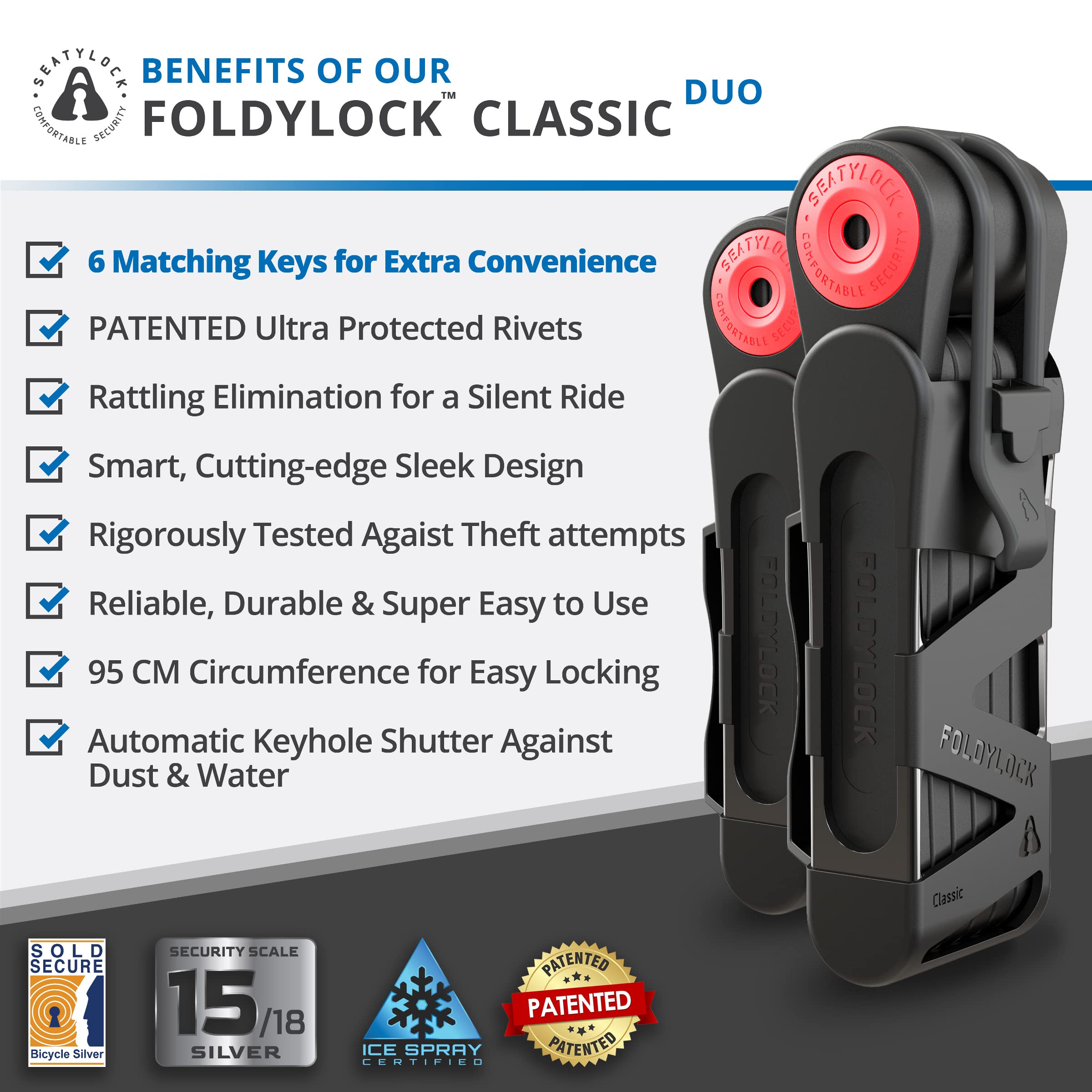 FoldyLock Classic Folding Bike Locks - Set of 2 Matching Bike Locks with 6 Identical Keys - Patented Heavy Duty Anti Theft Locks with Carrying Cases for Bicycles E-Bikes and Scooters - 37.4"