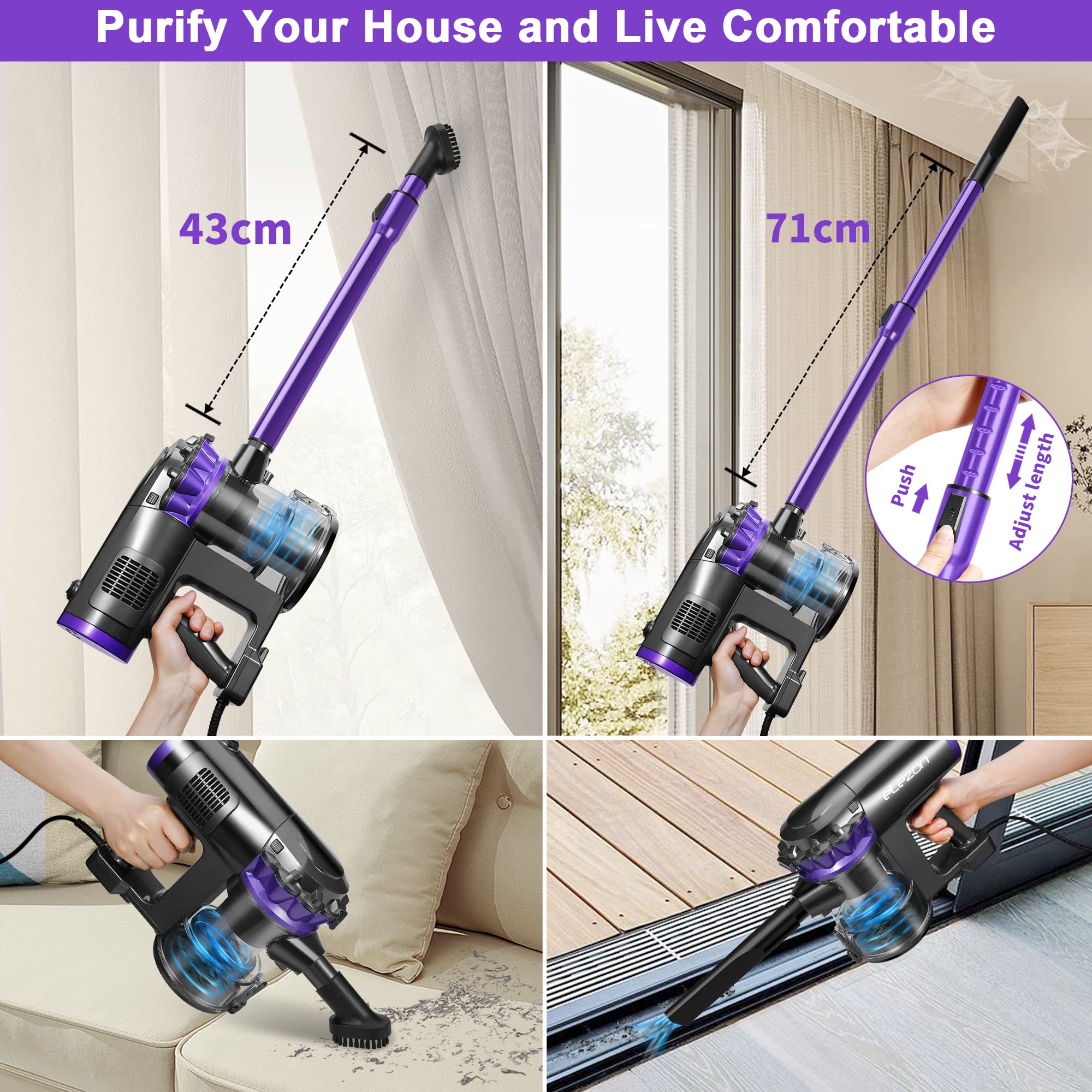 elezon F800 Corded Vacuum Cleaner 500W, 18KPa Powerful Suction, 23ft Long Cord, HEPA Filter, 1.2L Dust Capacity, 2-in-1 Handheld Stick Vacuum for Home Hardwood & Tile Floors