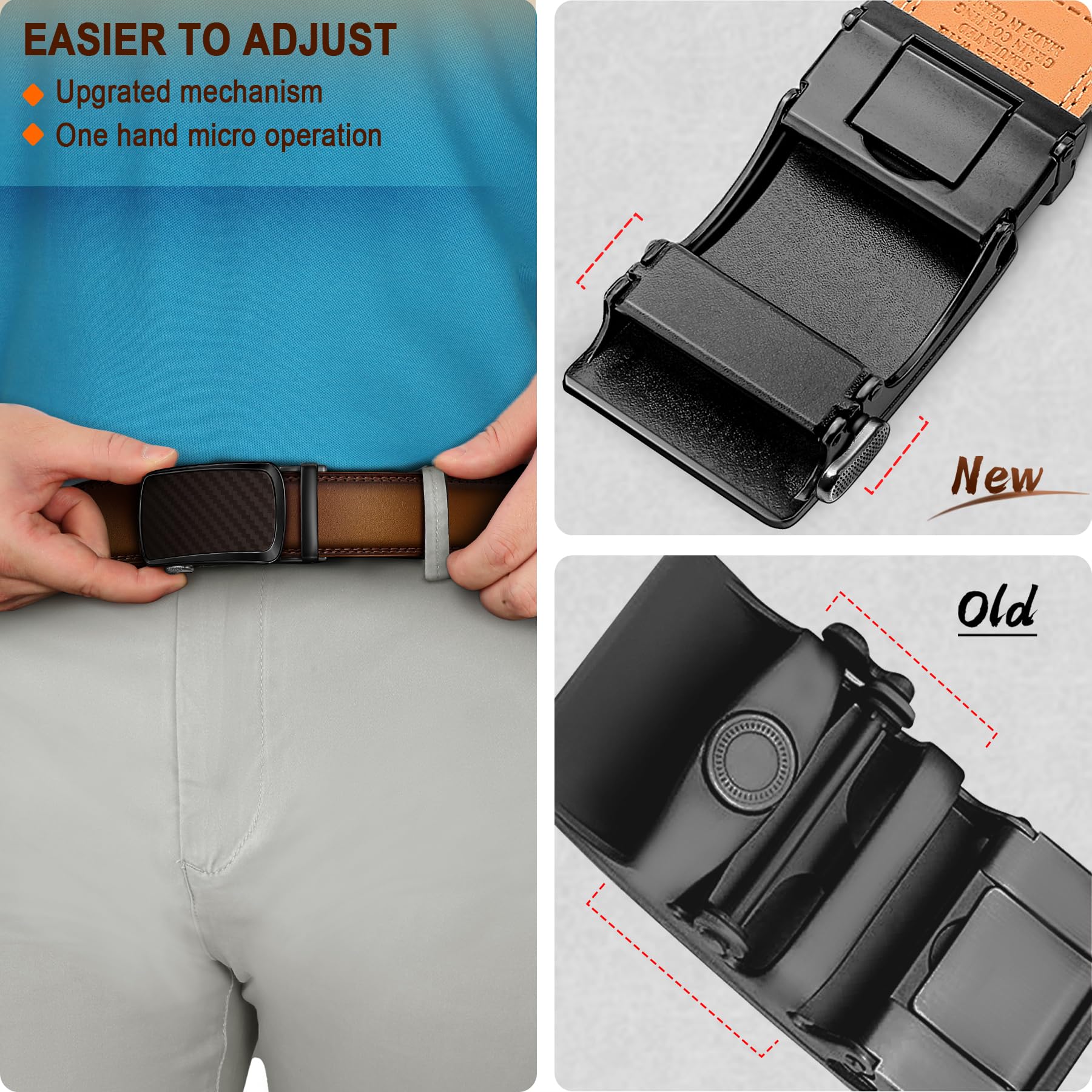 BULLIANT Men's Ratchet Belt 2 Pack-Click Leather Belt Adjustable for Men Gift 1 3/8-Cut for Perfect Fit(Light Brown/Black,32"-38" Waist Adjustable)