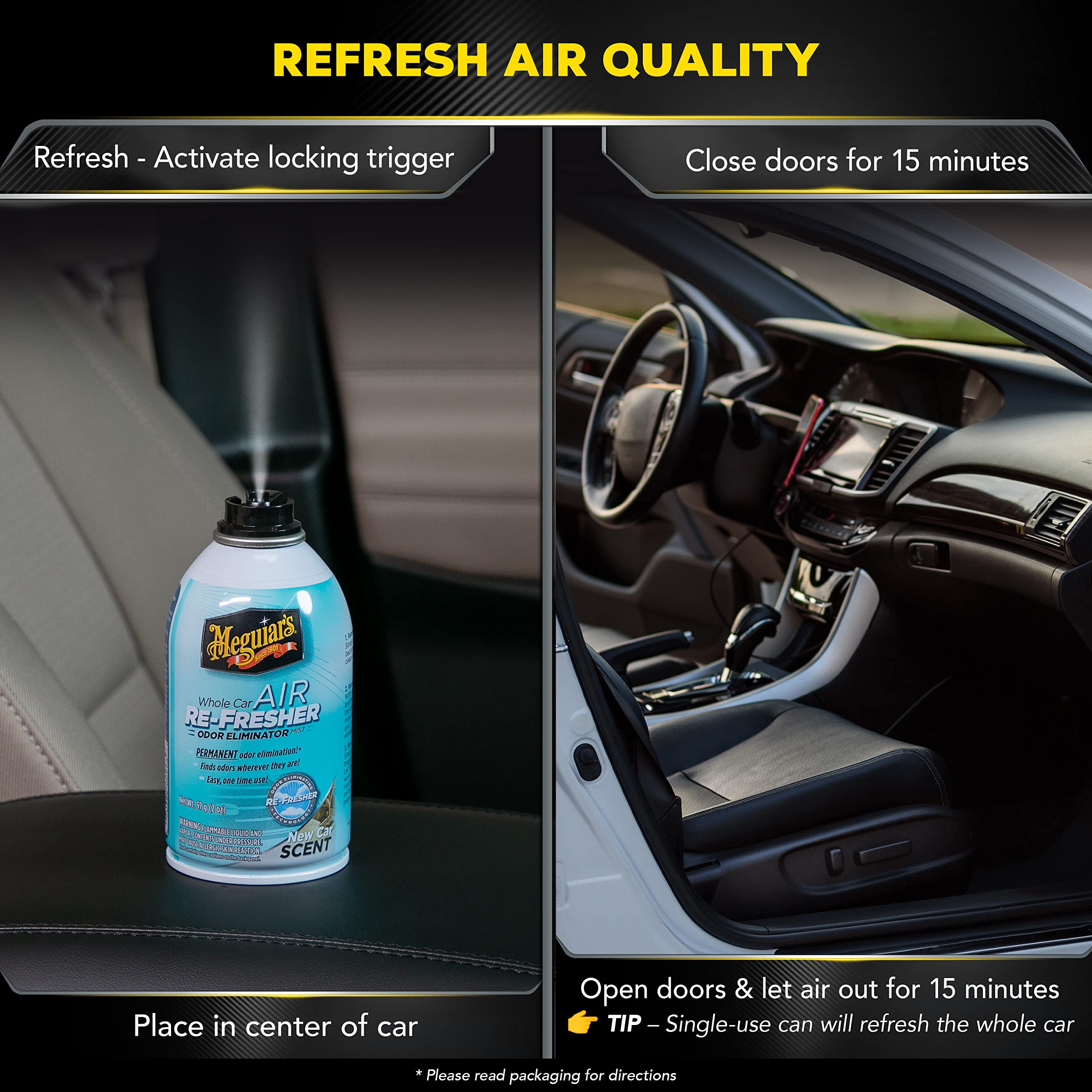 Meguiar's Whole Car Air Re-Fresher Odor Eliminator Mist - New Car Scent - Revitalize Your Car This Holiday Season and Permanently Remove Lingering Odors, 2 Oz Aerosol