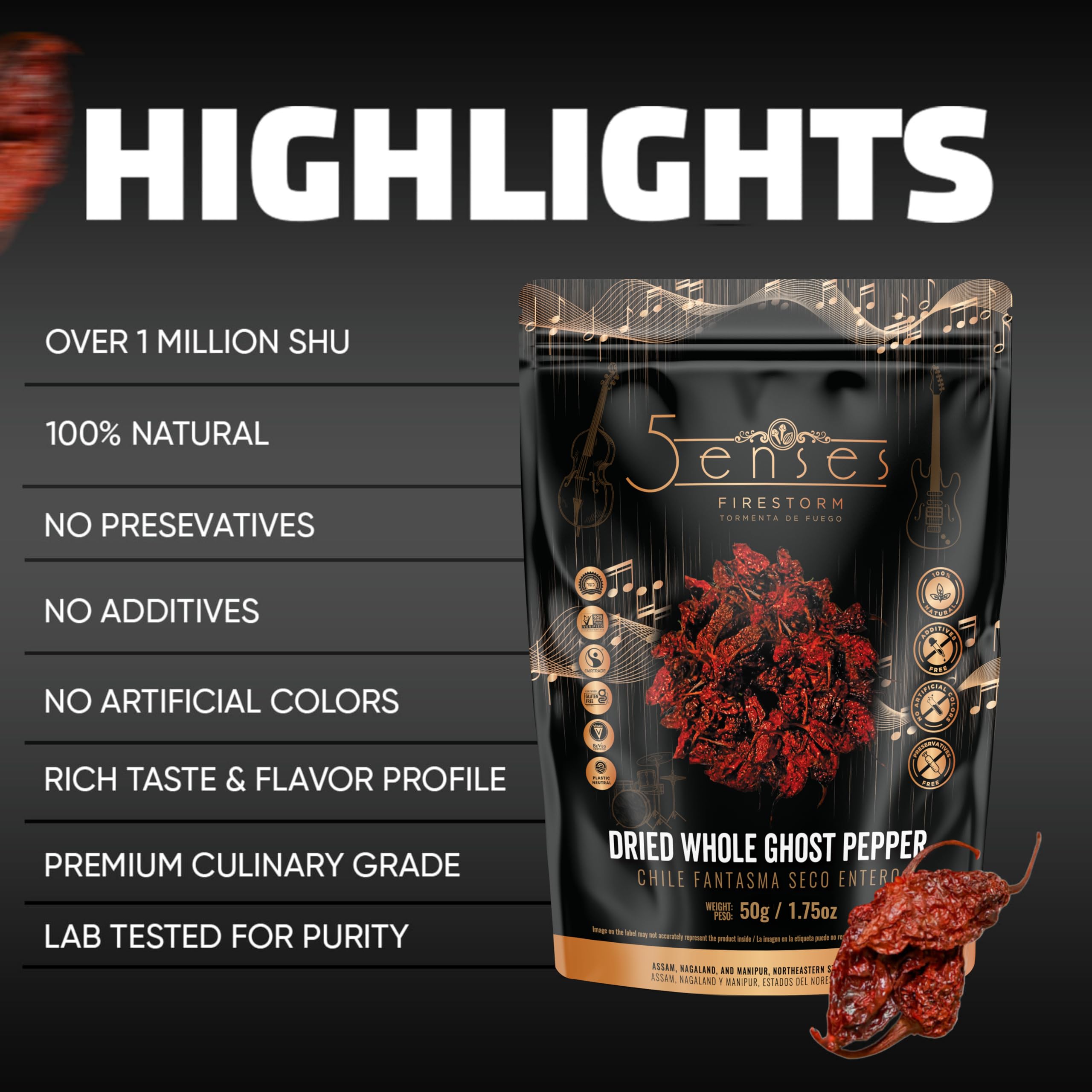 5Senses Dried Whole Ghost Peppers | Bhut Jolokia, Chile Fantasma | Firestorm | Single Origin, 100% Natural, Non-GMO, Fairtrade, Vegan Spice, Whole Chili Pods | Assam Ghost Chili | Naga Jolokia | Super Hot Pepper | Extreme Heat Chili (1.75oz/50g)