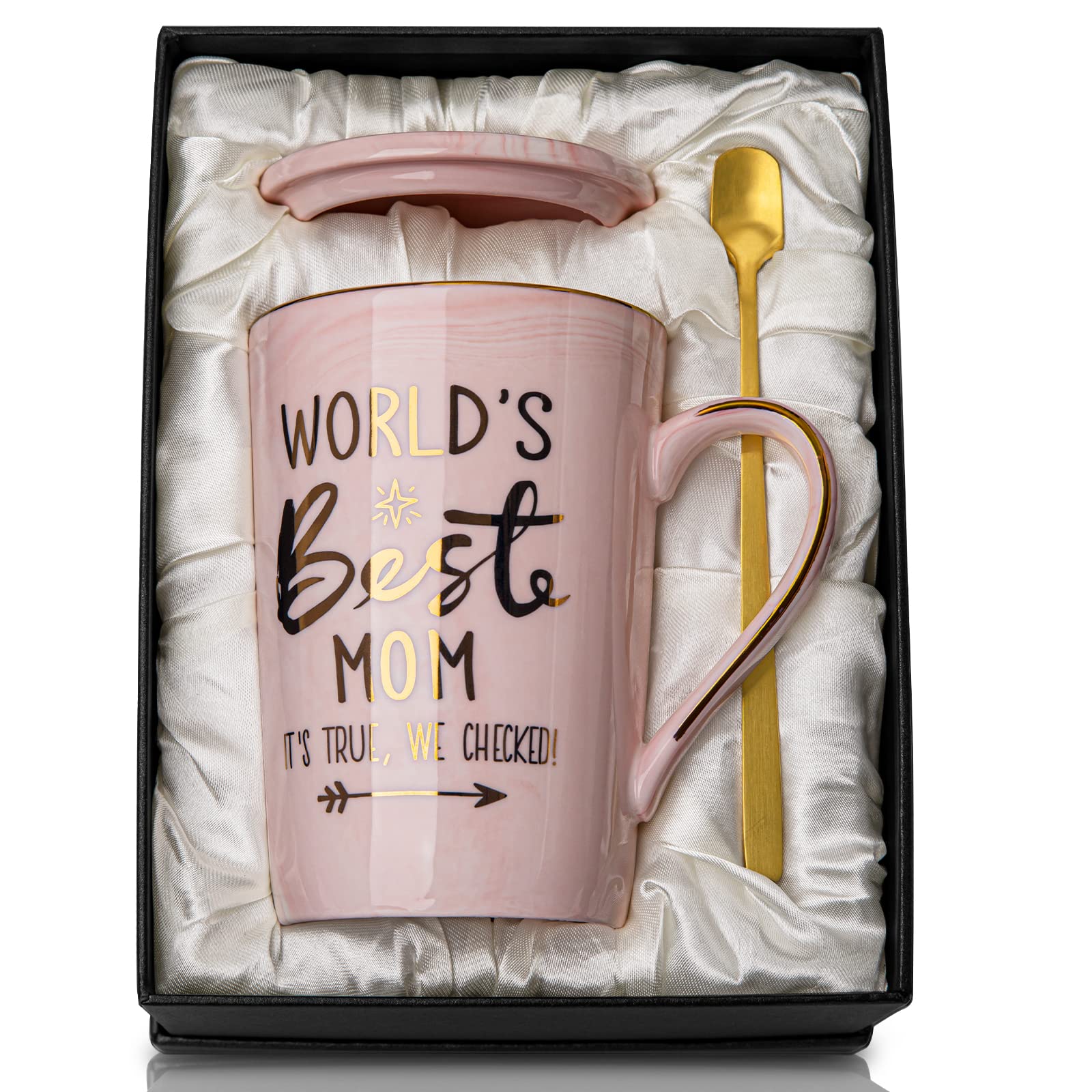 ALBISS Mothers Day Gifts for Mom from Daughter Son Kids - World's Best Mom - Funny Mom Mug with Gold, Mom Birthday Presents for Mom, 14oz Pink Marble Ceramic Coffee Cup with Lid Card, Nice Gift Boxed