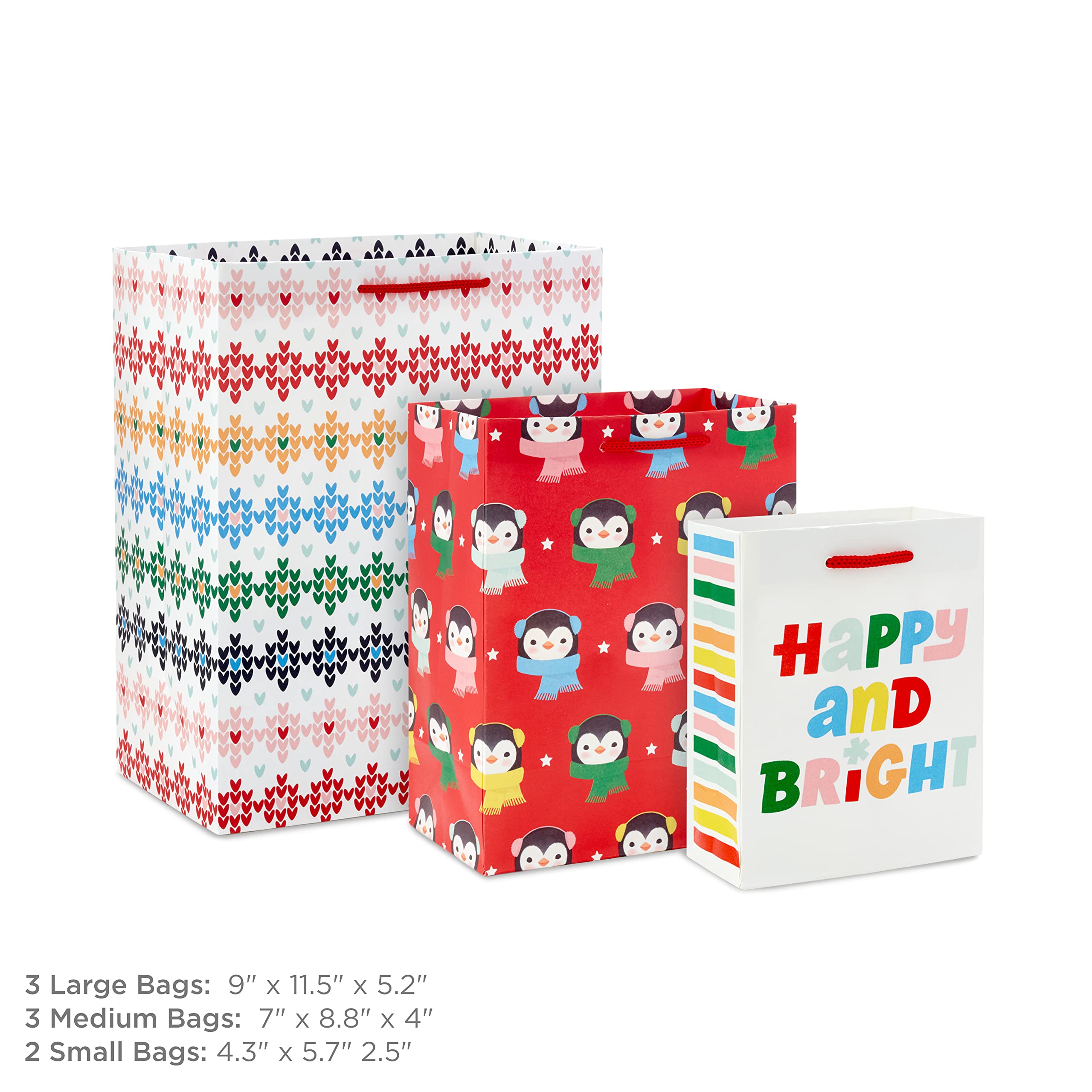 Hallmark Christmas Gift Bag Assortment (8 Bags: 2 Small 5", 3 Medium 8", 3 Large 11") Pink, Mint Green, Red, Blue, Yellow, "Merry Everything," "Let It Snow," "Happy Bright," Penguins, Snowmen, Santa