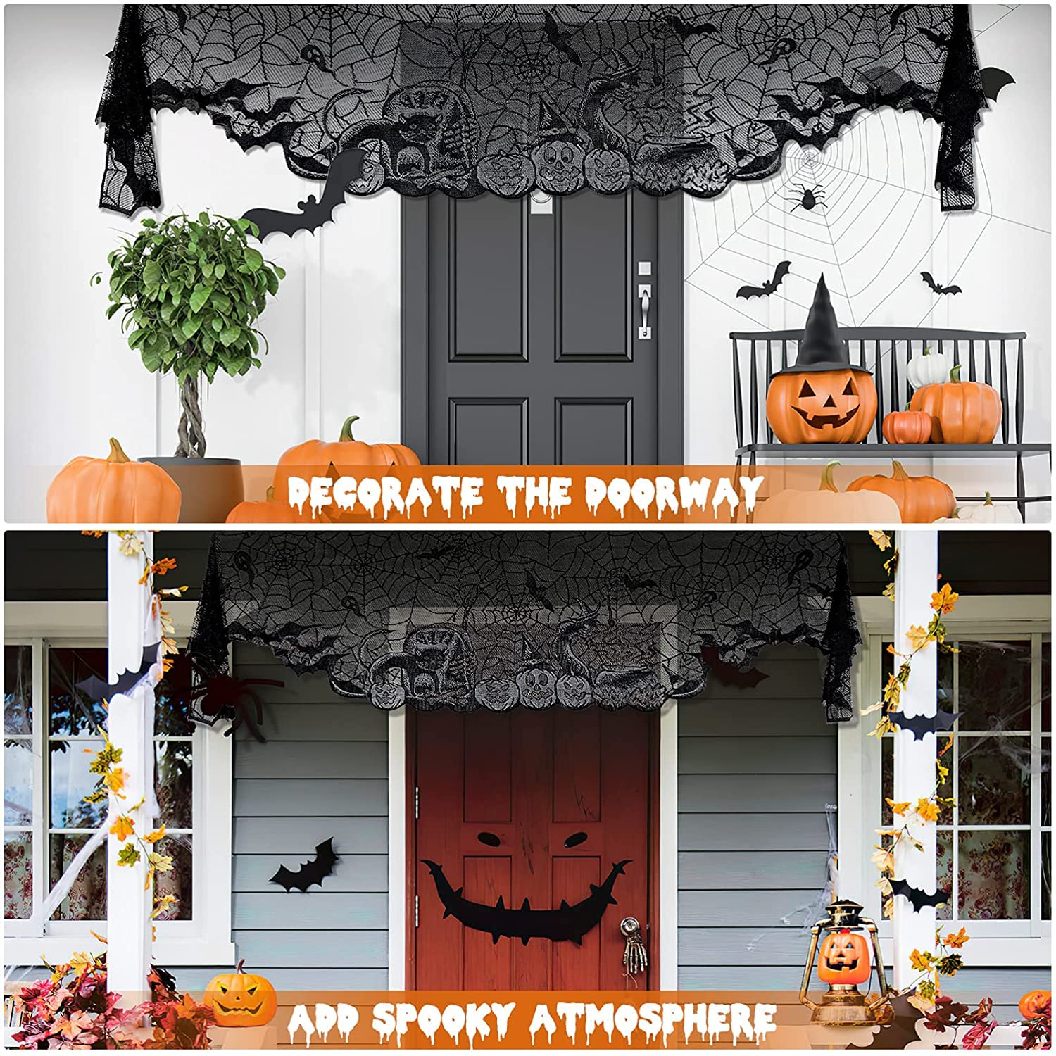 HIPIHOM 7Pcs Halloween Lace Tablecloth Set Spiderweb Fireplace Mantle Scarf Round Table Runner Placemats for Halloween Party Supply