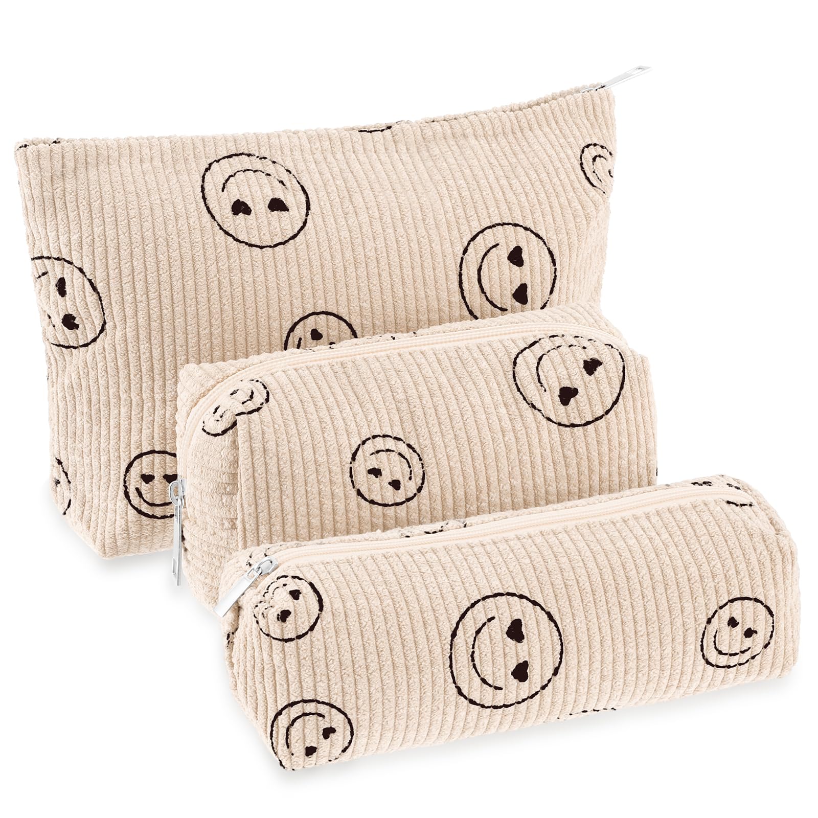 Huhumy 3 Pcs Makeup Bag Corduroy Cosmetic Bag Aesthetic Cute Preppy Makeup Bags for Women Smile Small Makeup Purse Pouch Travel Toiletry Bag Set Makeup Organizer with Zipper(Beige, Smile Face)