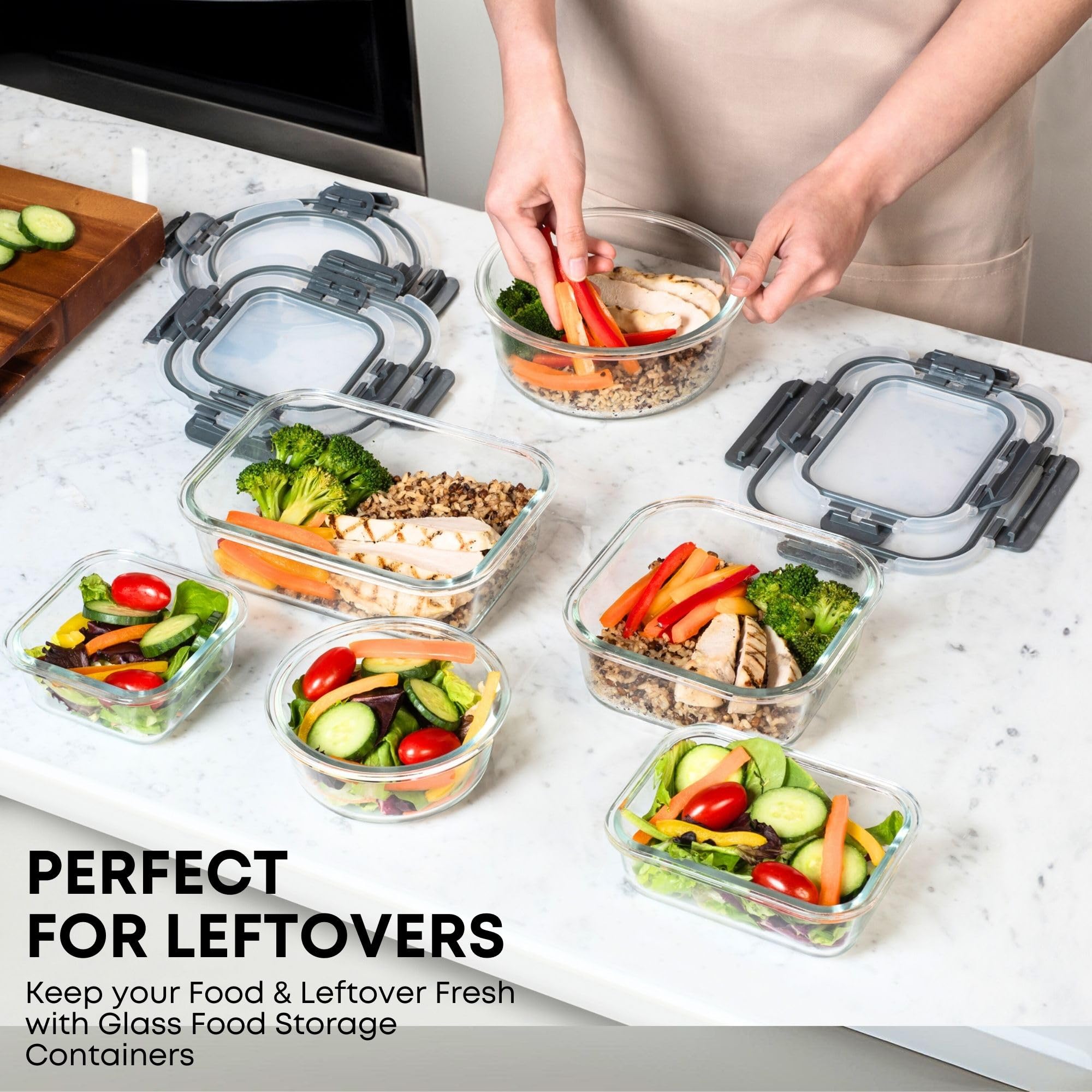 Razab 30 PC Glass Food Storage Containers with Lids - Reusable Glass Meal Prep Containers for Lunch & Leftovers - Airtight & Leakproof Snap Locking Lids - Oven, Freezer, Microwave & Dishwasher Safe