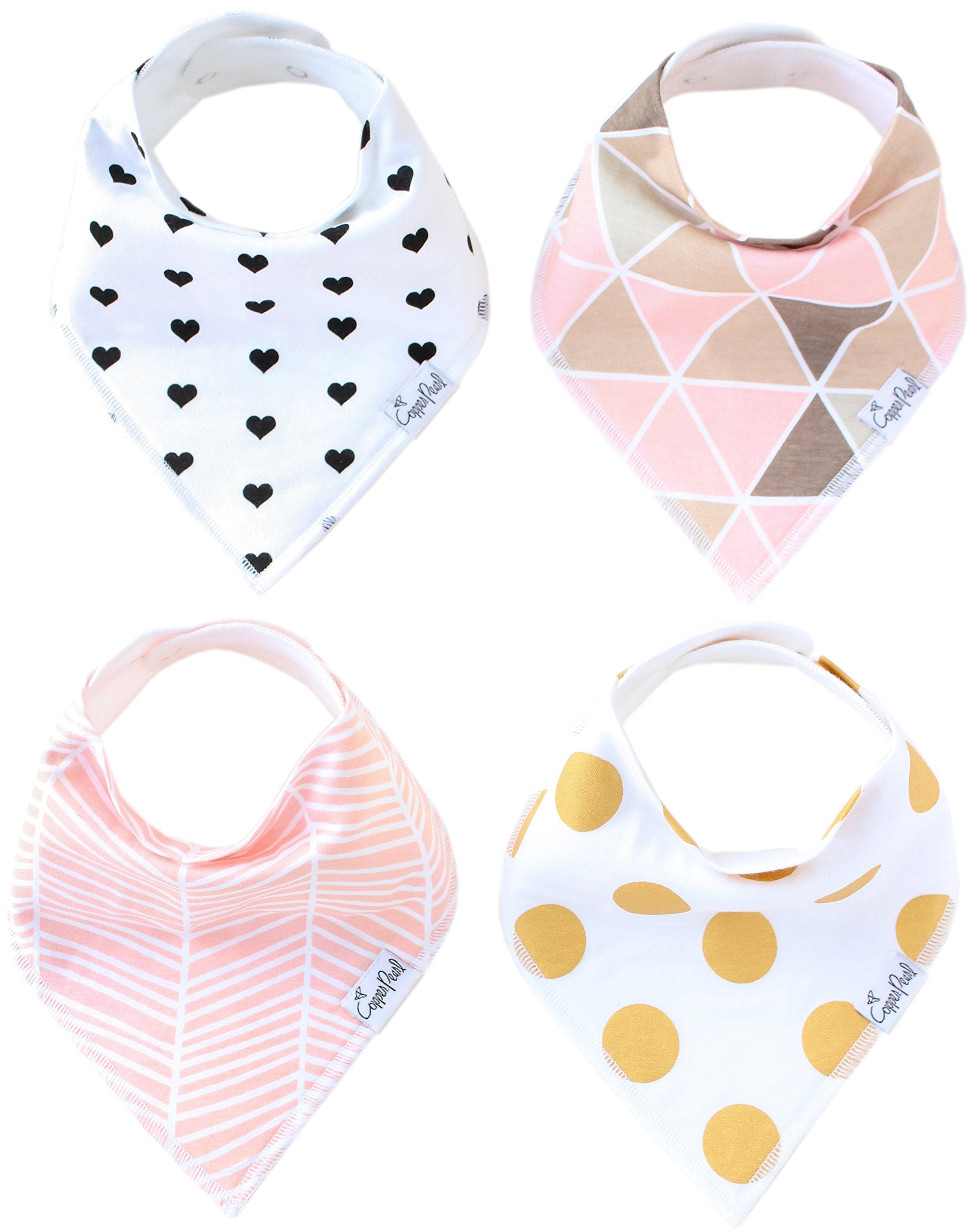 Copper Pearl Baby Bandana Bibs - 4 Pack Soft Cotton Baby Bibs for Drooling and Teething, Absorbent Drool Bibs for Baby Girl, Adjustable to Fit Newborns to Toddlers, Tons of Styles (Blush Set)