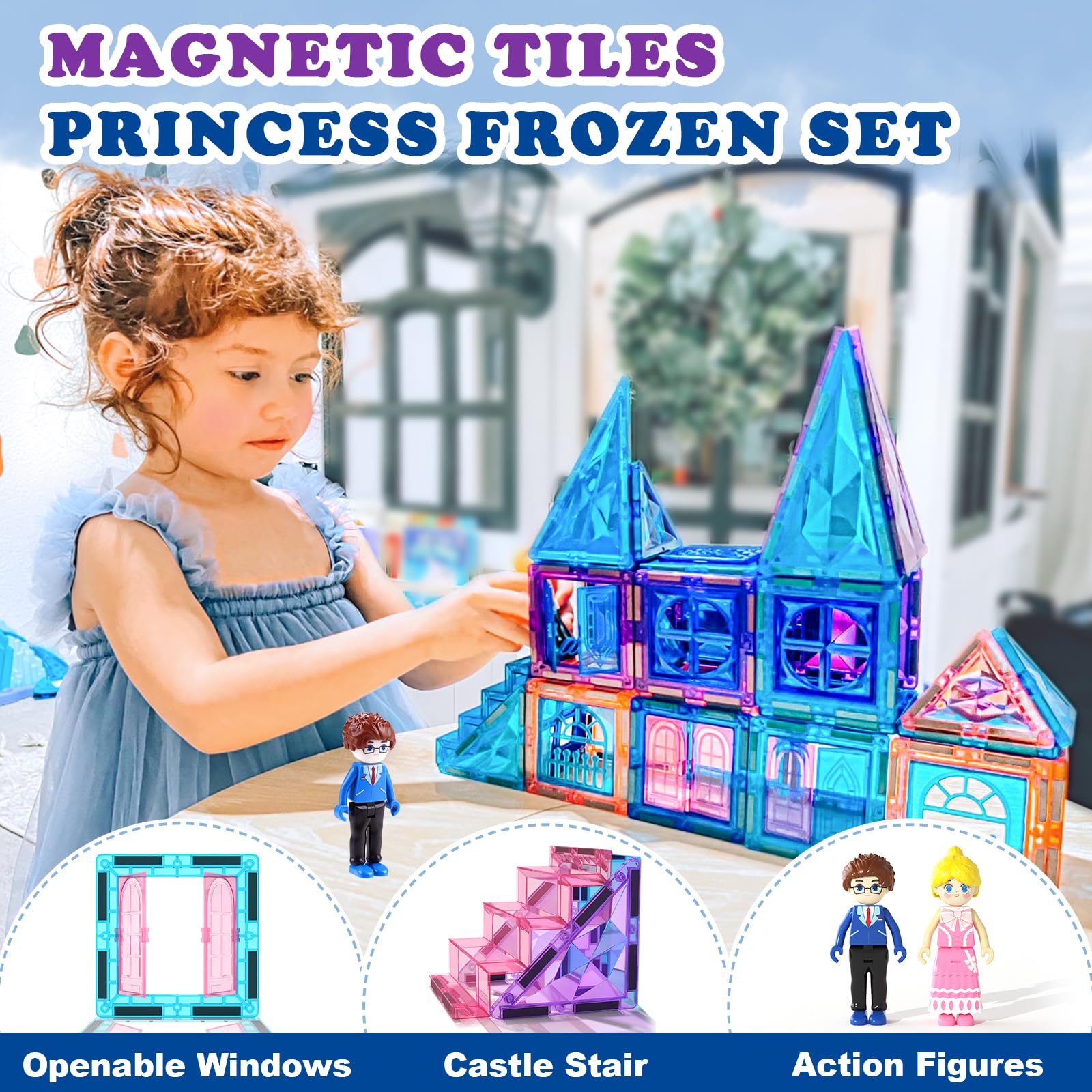 Frozen Toys for Girls Diamond Magnetic Tiles with Stair Dolls Toys for 3+ Year Old Girls Boys Sensory STEM Learning Toys Gifts for 3 4 5 6 7 8+ Year Old