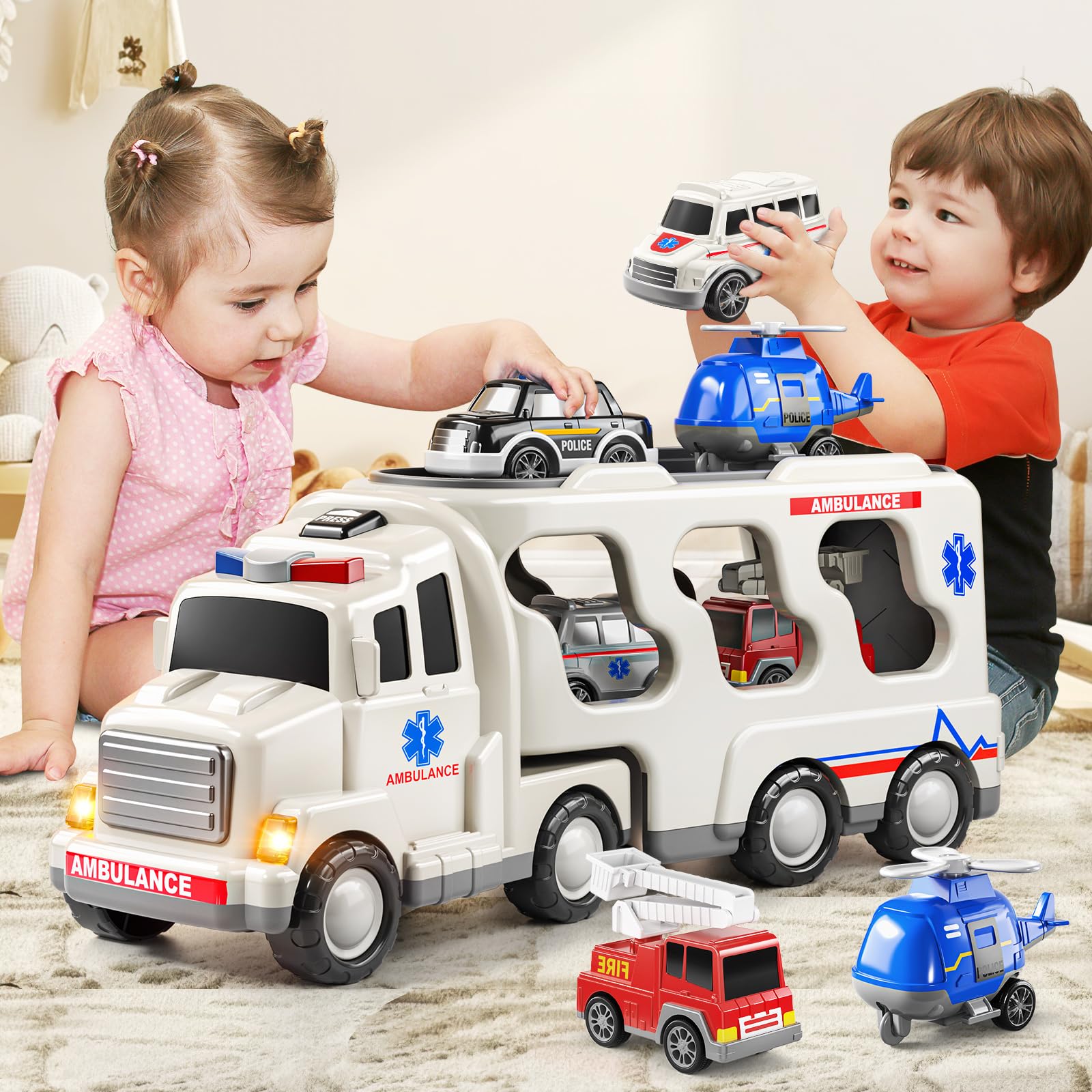 TEMI 5 Pack Emergency Rescue Vehicle Toddler Truck Toys for 3 4 5 6 Year Old Boys, Friction Power Cars with Rescue Helicopter, Police Car, Fire Truck, Ambulance Car, Birthday Gifts for Girls Age 3-9