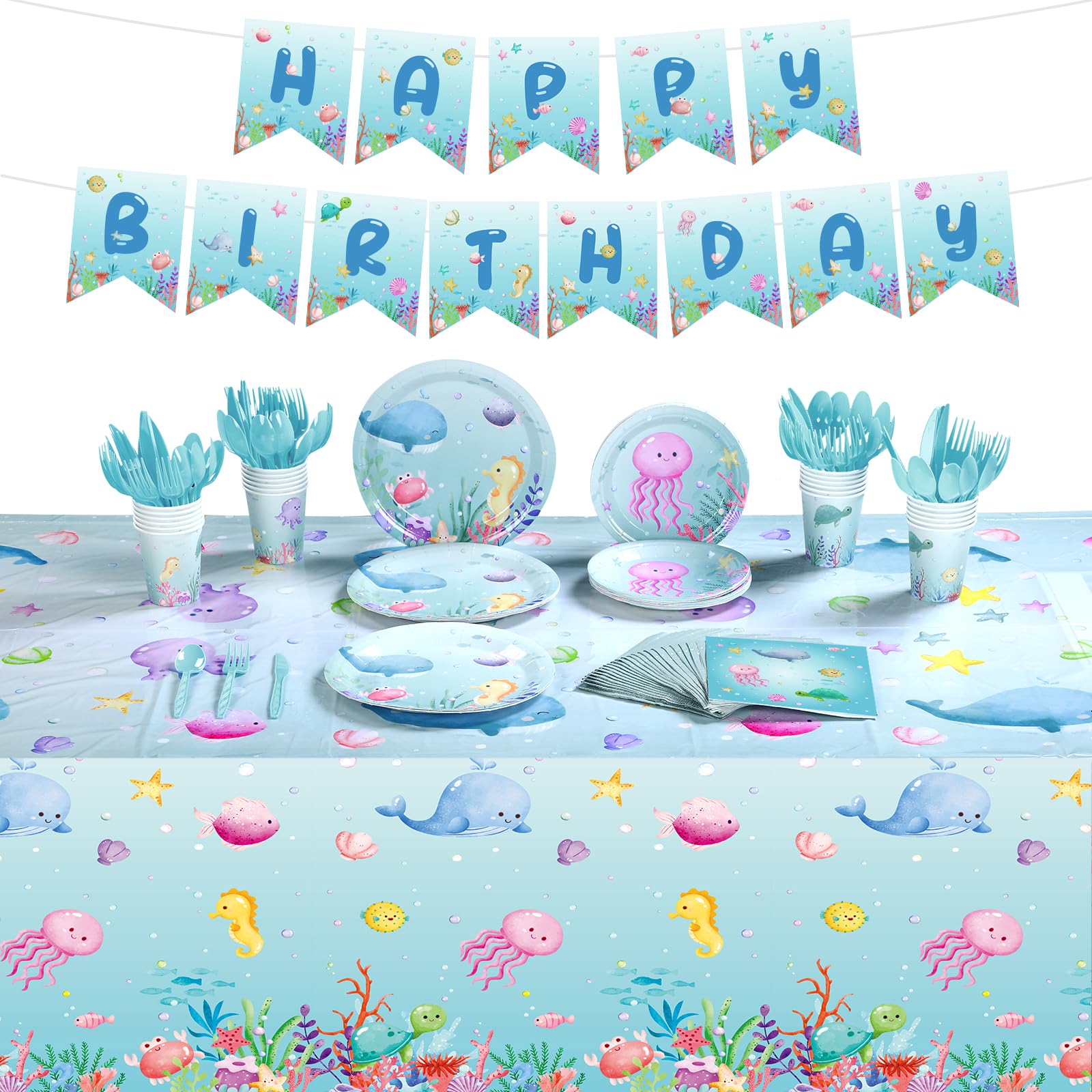 Capoda 172 Pieces Ocean Theme Birthday Party Decorations Underwater Party Supplies Tableware Set for 24 Include Plates Napkins Forks Spoons Knives Cups Banner Tablecloths for Kids Sea Life Birthday