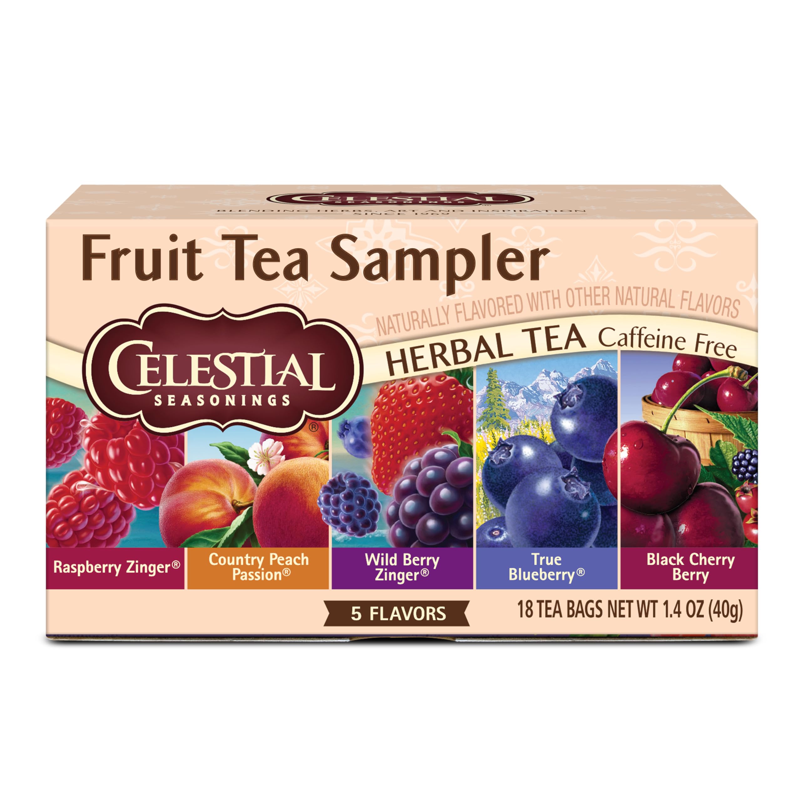 Celestial Seasonings Fruit Tea Sampler Herbal Variety Pack, Caffeine Free, 18 Tea Bags Box