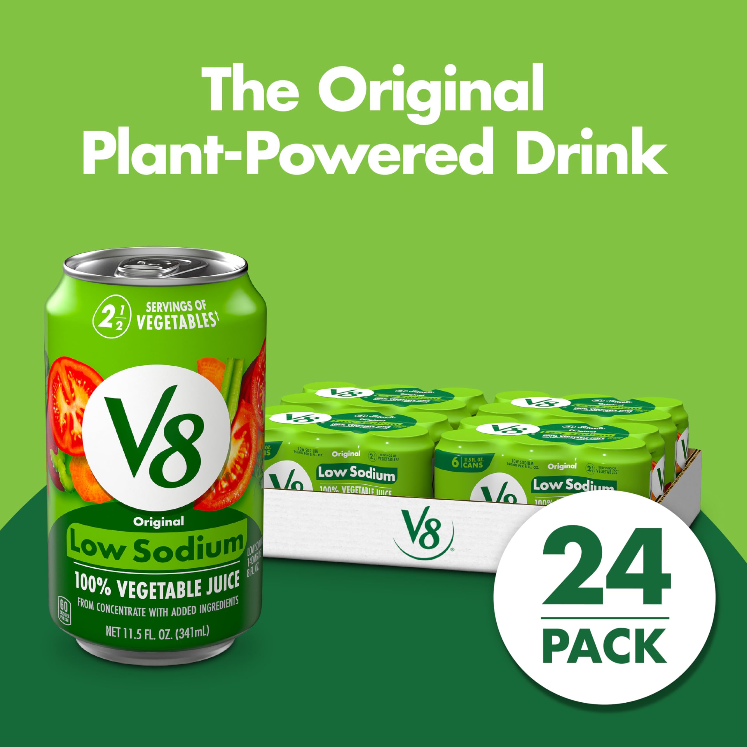 V8 Low Sodium Original 100% Vegetable Juice, Vegetable Blend with Tomato Juice, 11.5 FL OZ Can (Pack of 24)