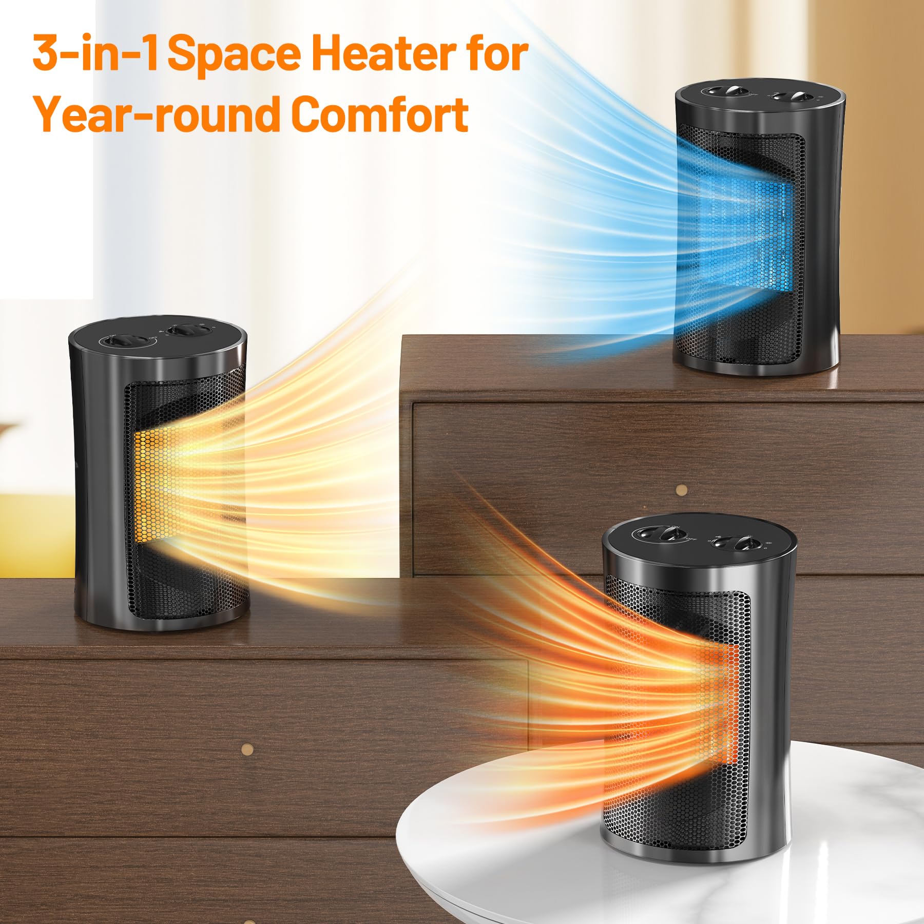 Space Heaters for Indoor Use, Portable 1500W/750W PTC Ceramic Space Heater, Small Space Heater with Thermostat, Three Modes, Overheat and Tip-Over Protection for Office Home