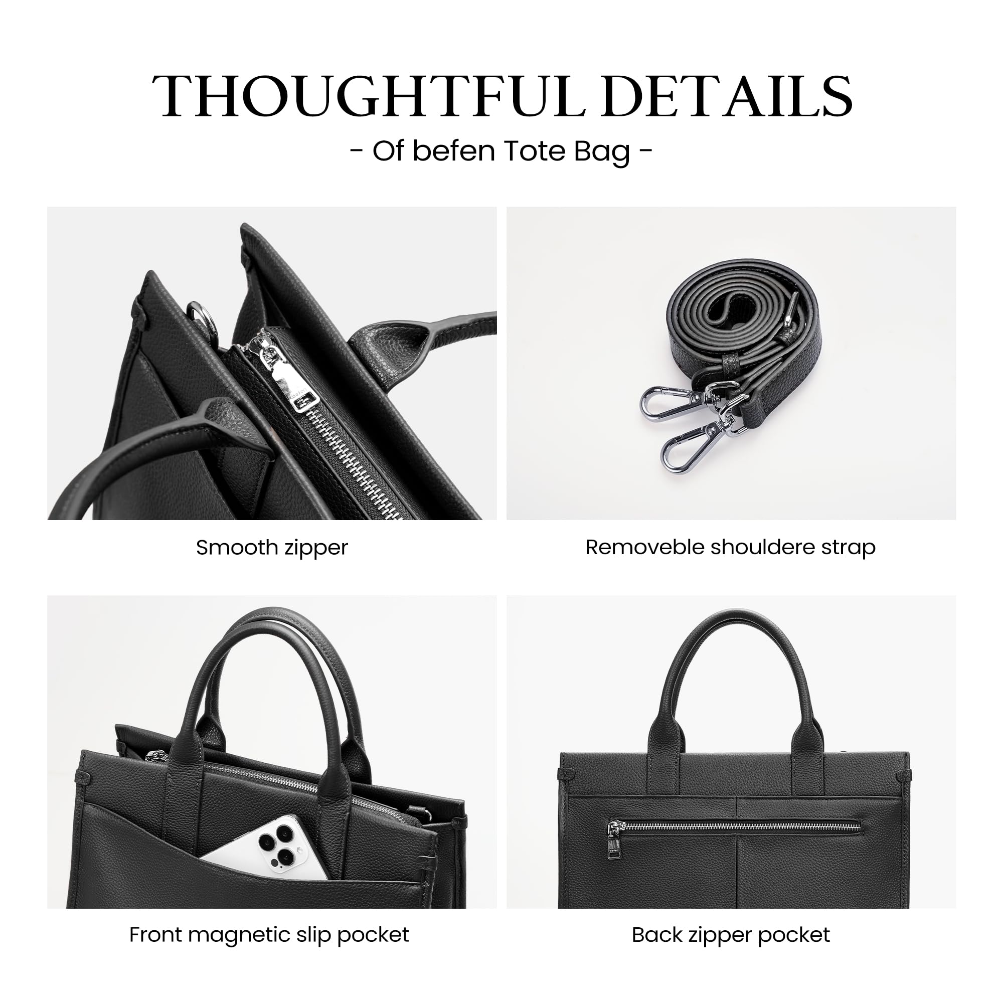 befen Genuine Leater Tote Bag, Medium Satchel Bags for Women with Top-handle, Womens Purses and Handbags Shoulder Crossbody Designer Satchel Handbags with Zipper Crossbody Strap, Black