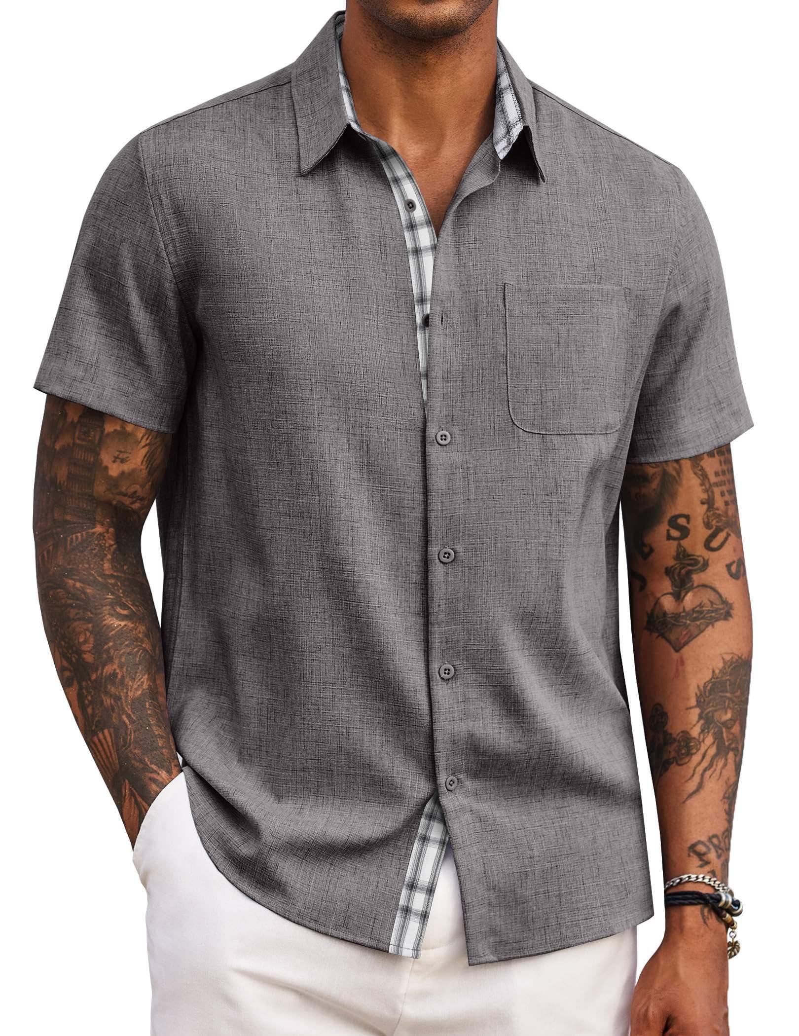 COOFANDY Men's Beach Shirt Short Sleeve Untucked Button Up Shirt Wedding Attire Dark Grey