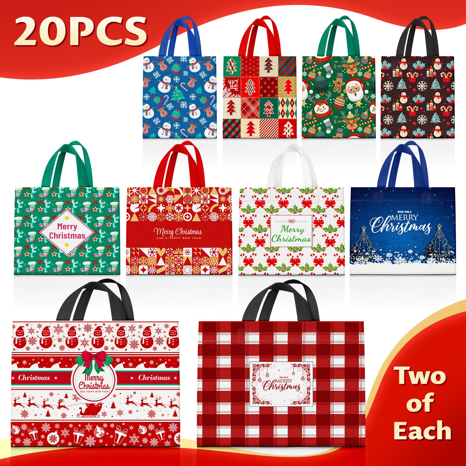 BlessedSeason 20 Pack Christmas Gift Bags Assorted Sizes, Reusable Tote Bags with Handle, Includes 4 Large 8 Medium 8 Small Christmas Goodie Bags for Her He, for Xmas Celebration Gift