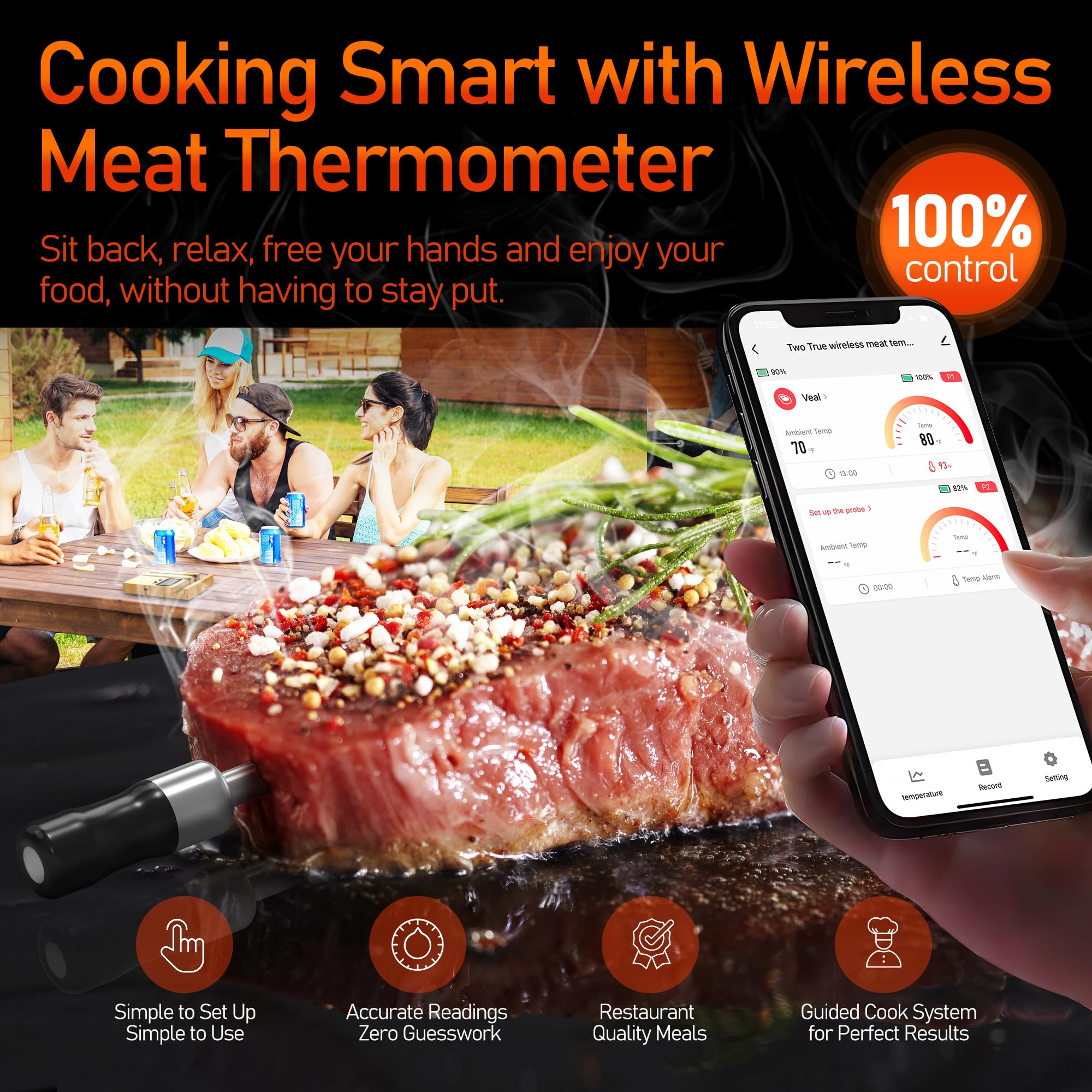 2-Probe Wireless Meat Thermometer, AlfaBot 525FT Bluetooth Smart Meat Thermometer with LCD-Enhanced Booster, Digital Food Thermometer for Remote Monitoring of Turkey, Grill BBQ Oven Smoker