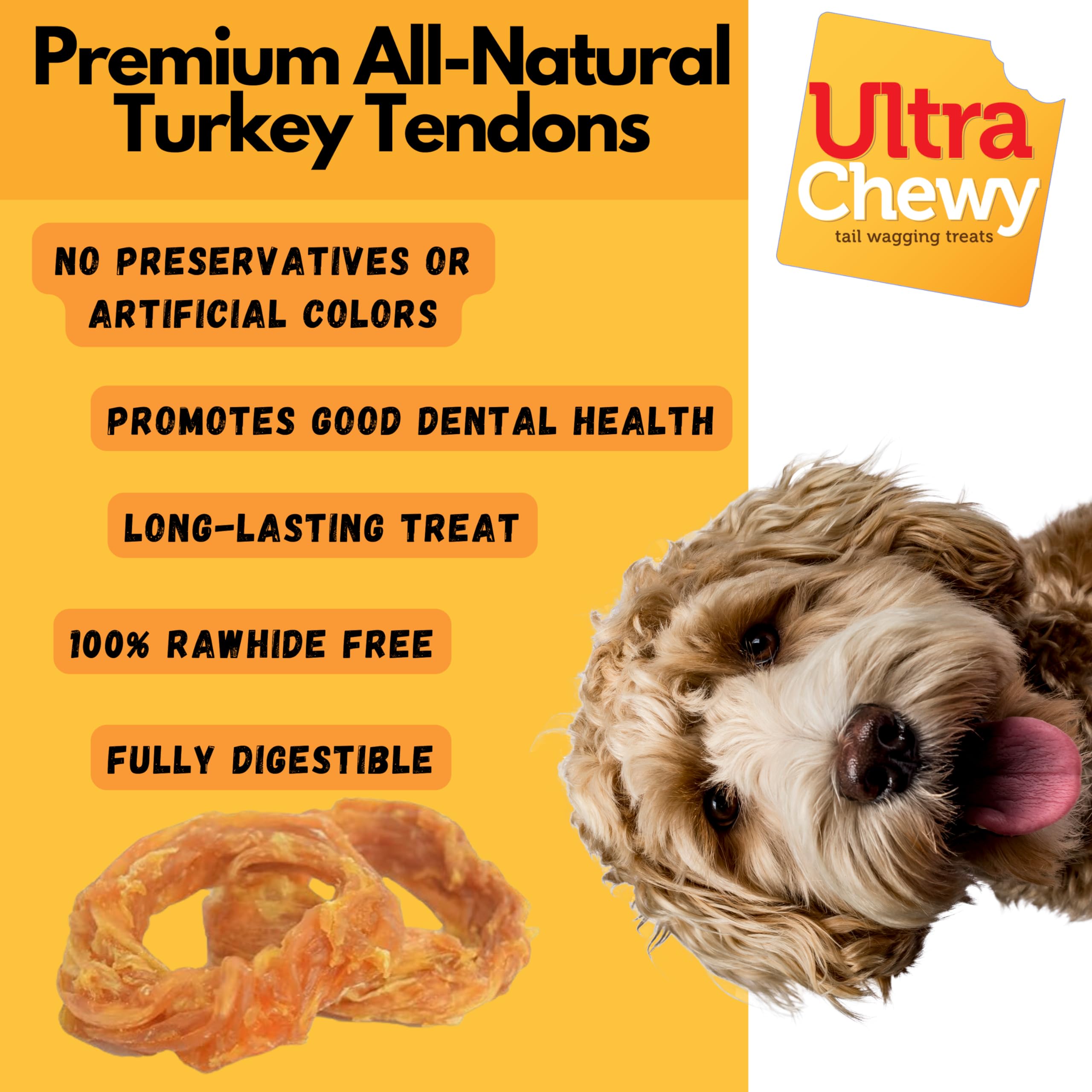 Ultra Chewy Turkey Tendon Rings for Dogs - Premium All-Natural Tendons, Hypoallergenic Treats, Easy to Digest, Alternative to Rawhide (6 Pack)