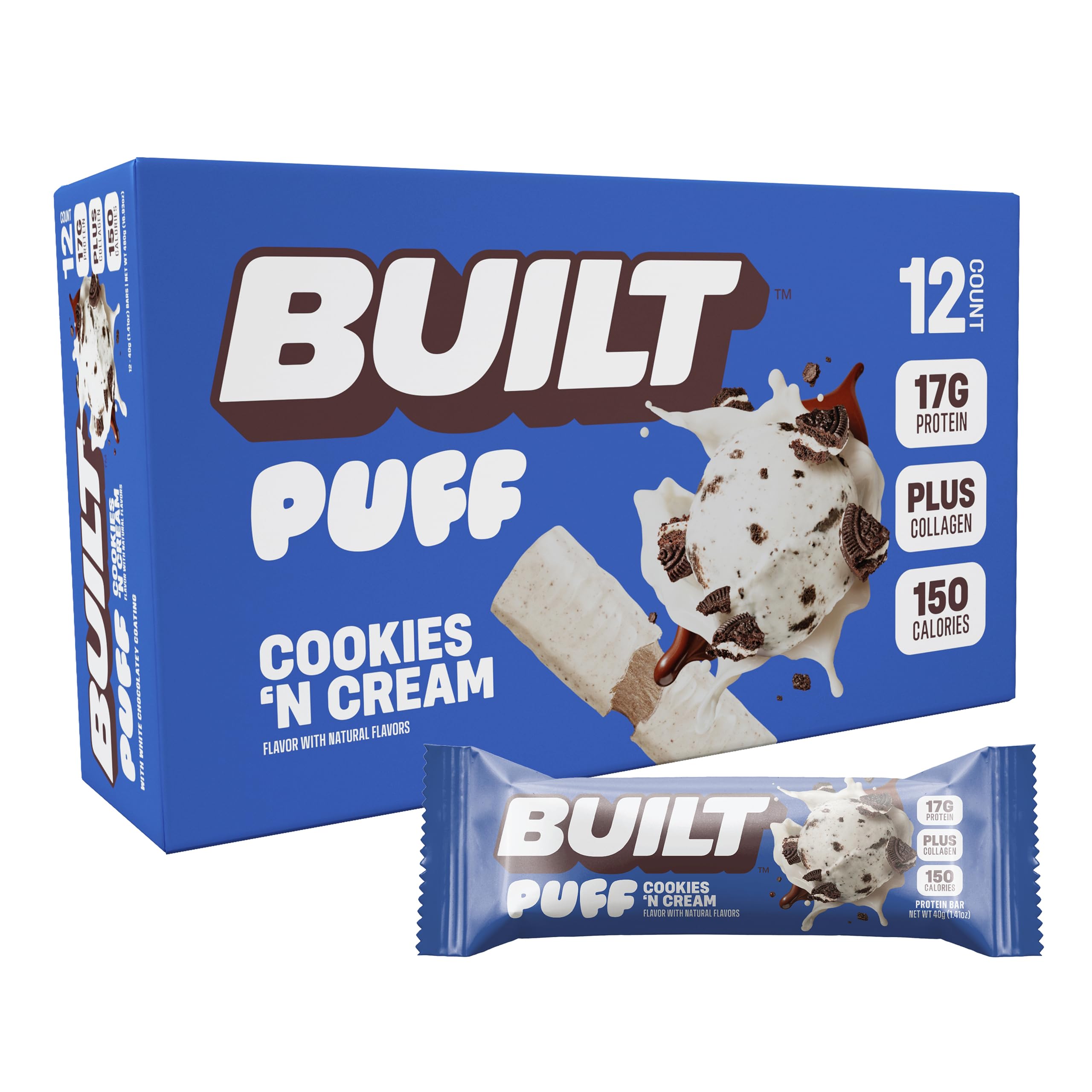 BUILT Puffs Protein Bars, Cookies 'N Cream Puff, High Protein Bars, 17g High Protein Snacks, On-The-Go Bars, only 140 Calories, 7g Sugar, Collagen, Not Gluten Free, 12 Count